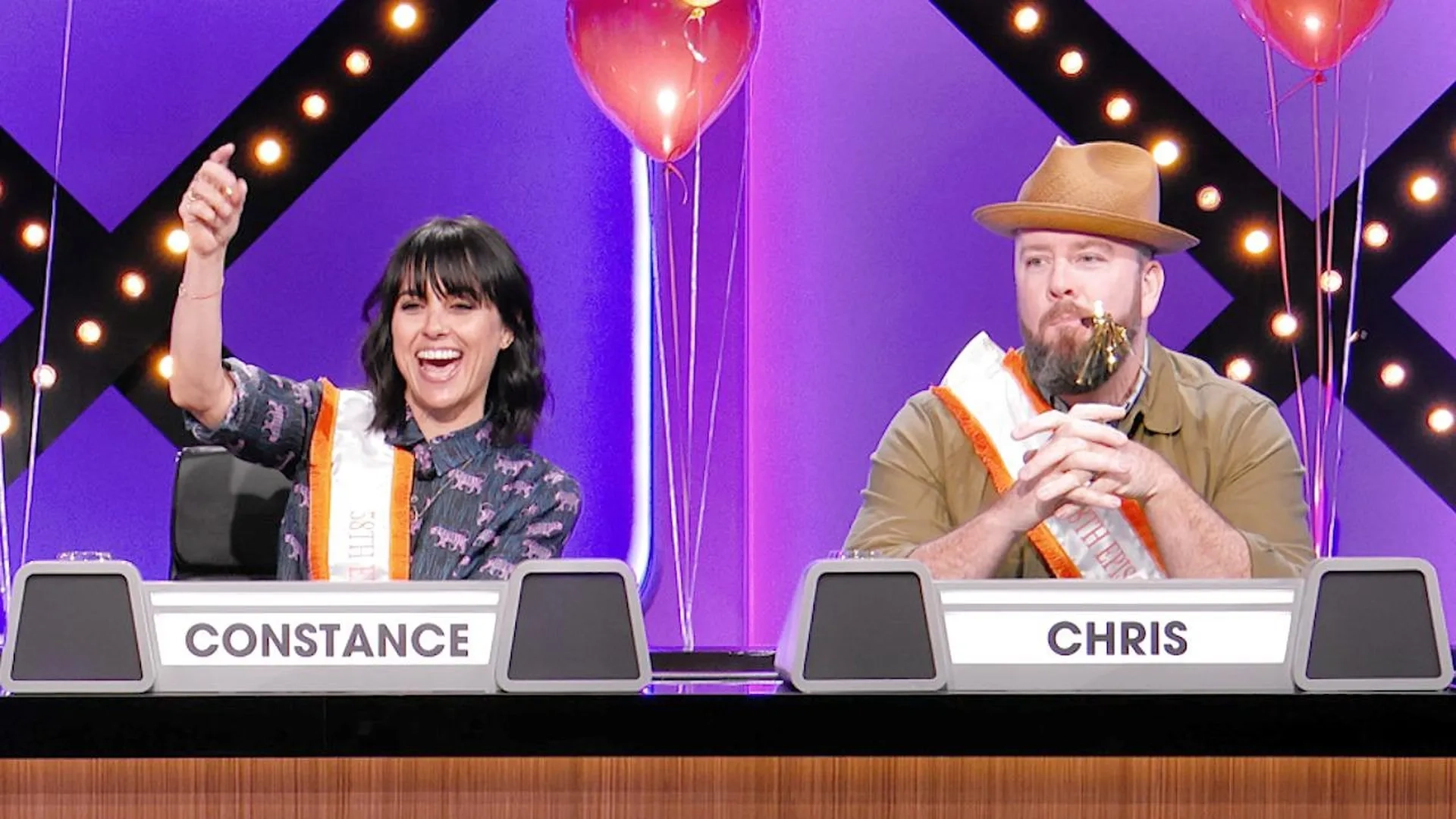 Constance Zimmer and Chris Sullivan in Match Game: 58th Episode Celebration - Jerry Ferrara, Constance Zimmer, Chris Sullivan, Caroline Rhea, Ross Mathews, Dascha Polanco (2020)