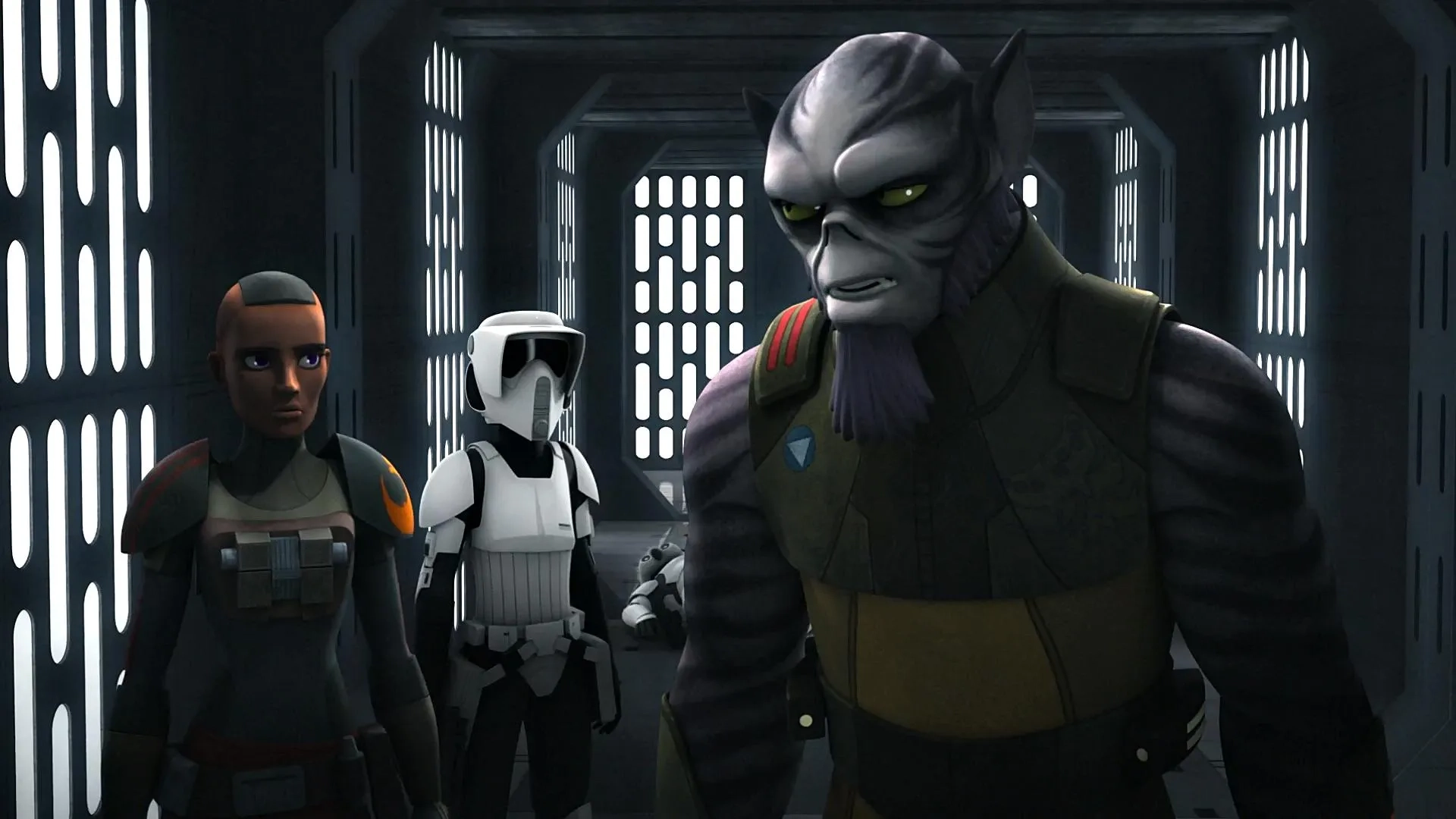 Steve Blum, Gina Torres, and Tiya Sircar in Star Wars: Rebels (2014)