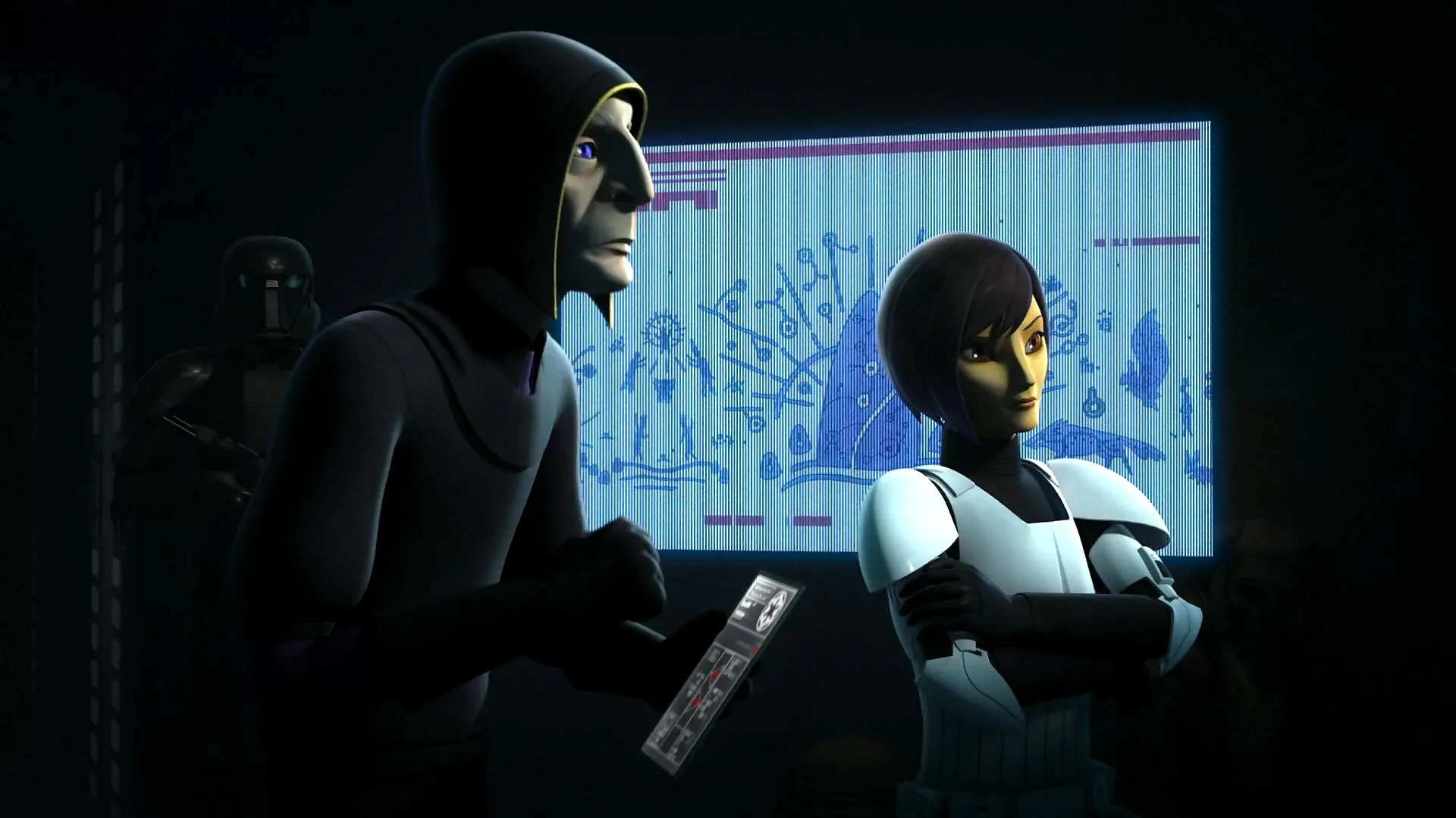 Malcolm McDowell and Tiya Sircar in Star Wars: Rebels (2014)