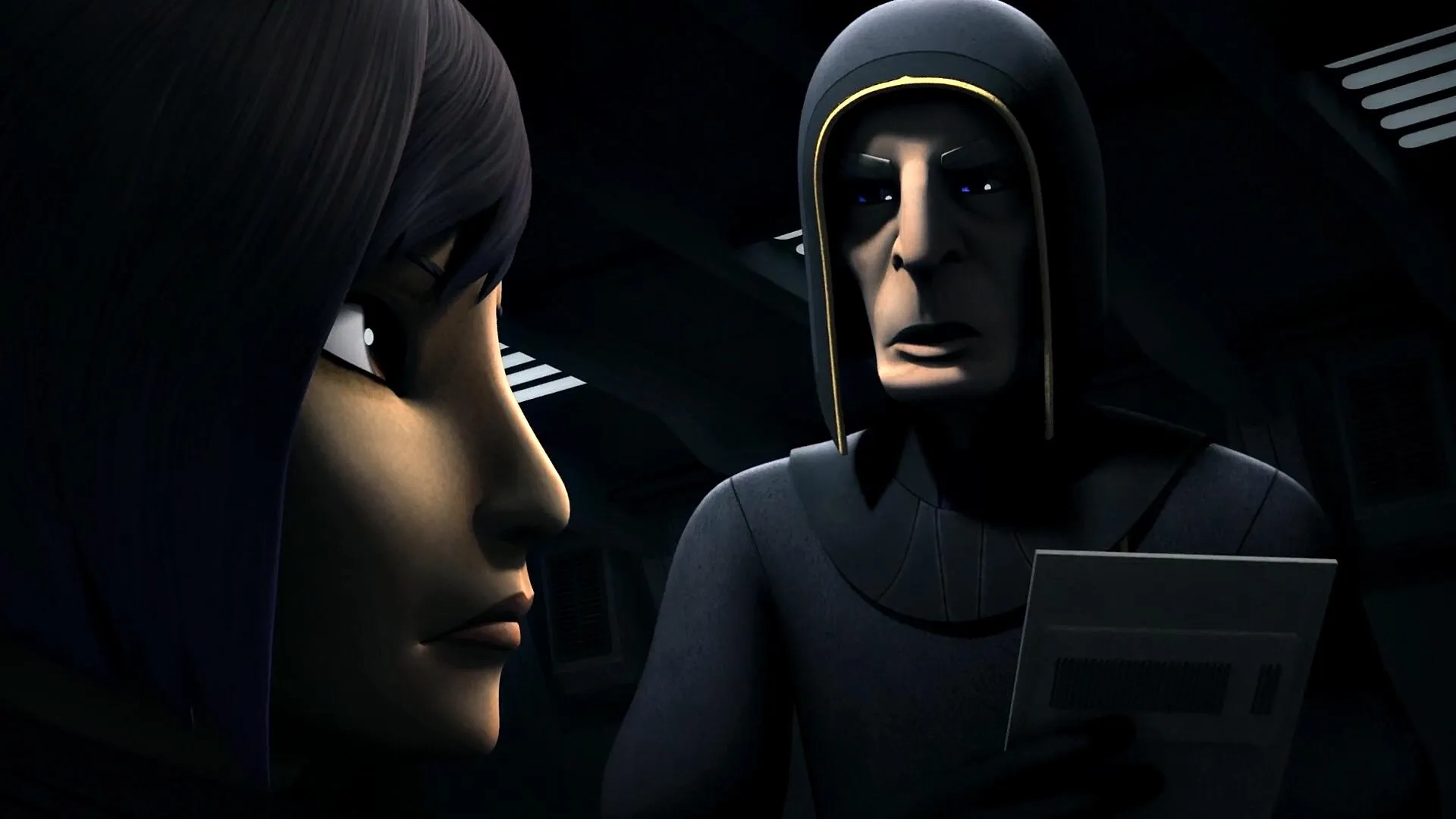 Malcolm McDowell and Tiya Sircar in Star Wars: Rebels (2014)