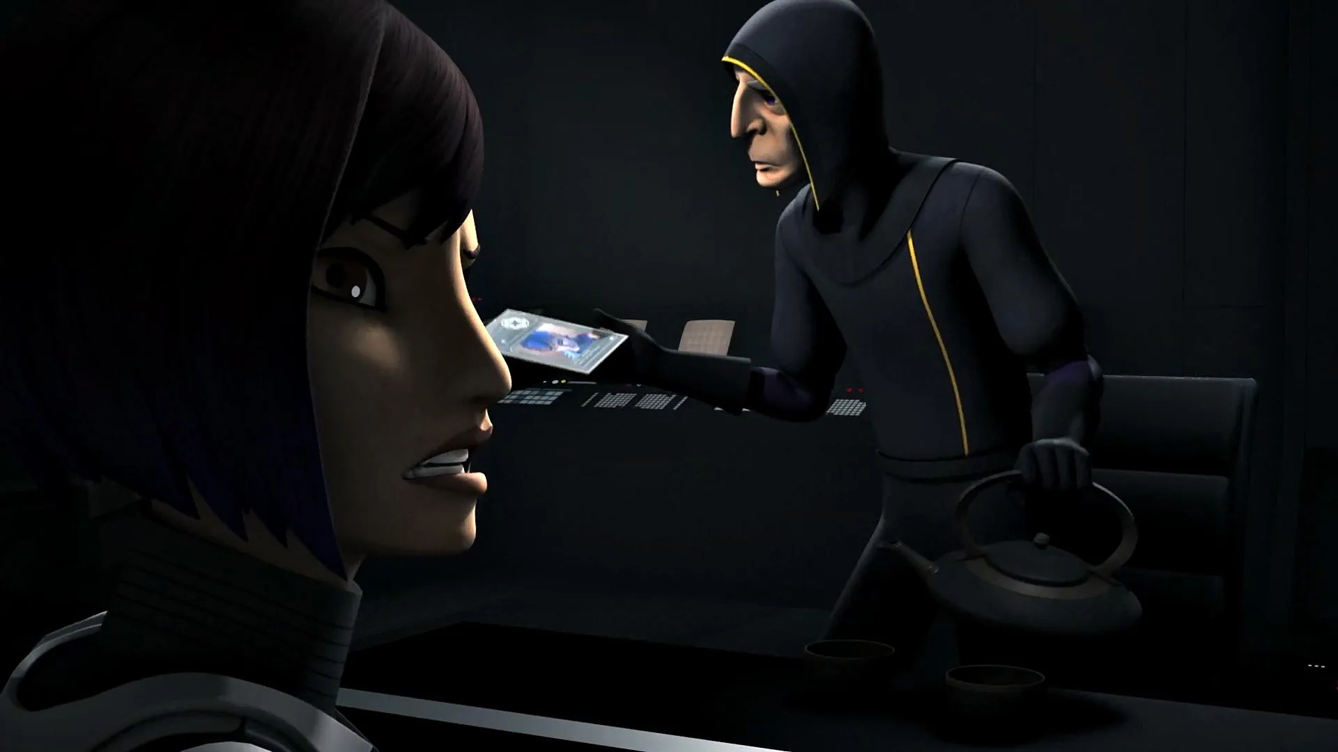 Malcolm McDowell and Tiya Sircar in Star Wars: Rebels (2014)