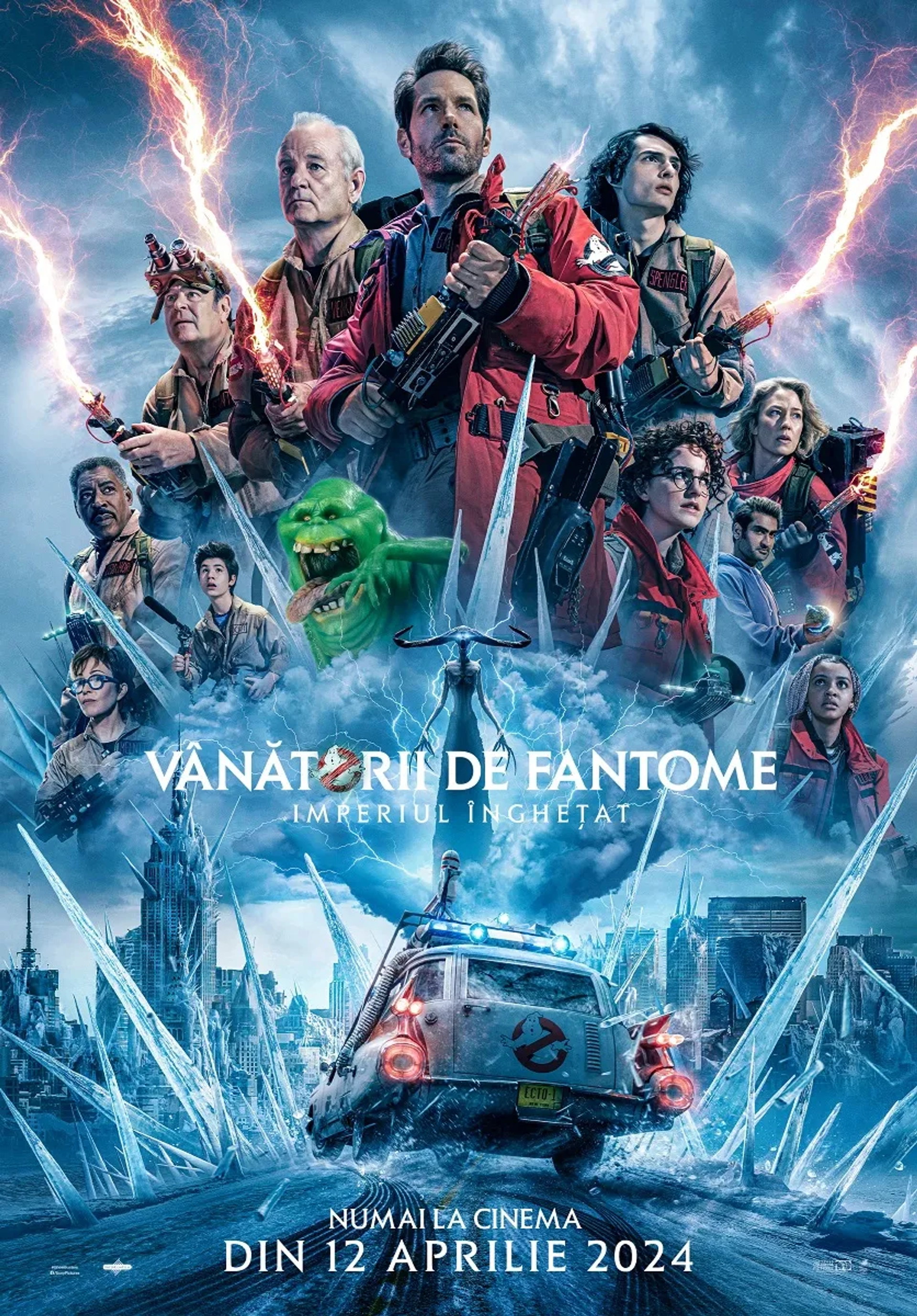 Dan Aykroyd, Bill Murray, Ernie Hudson, Annie Potts, Paul Rudd, Logan Kim, Kevin Mangold, Ian Whyte, Kumail Nanjiani, Carrie Coon, Mckenna Grace, Finn Wolfhard, and Celeste O'Connor in Ghostbusters: Frozen Empire (2024)