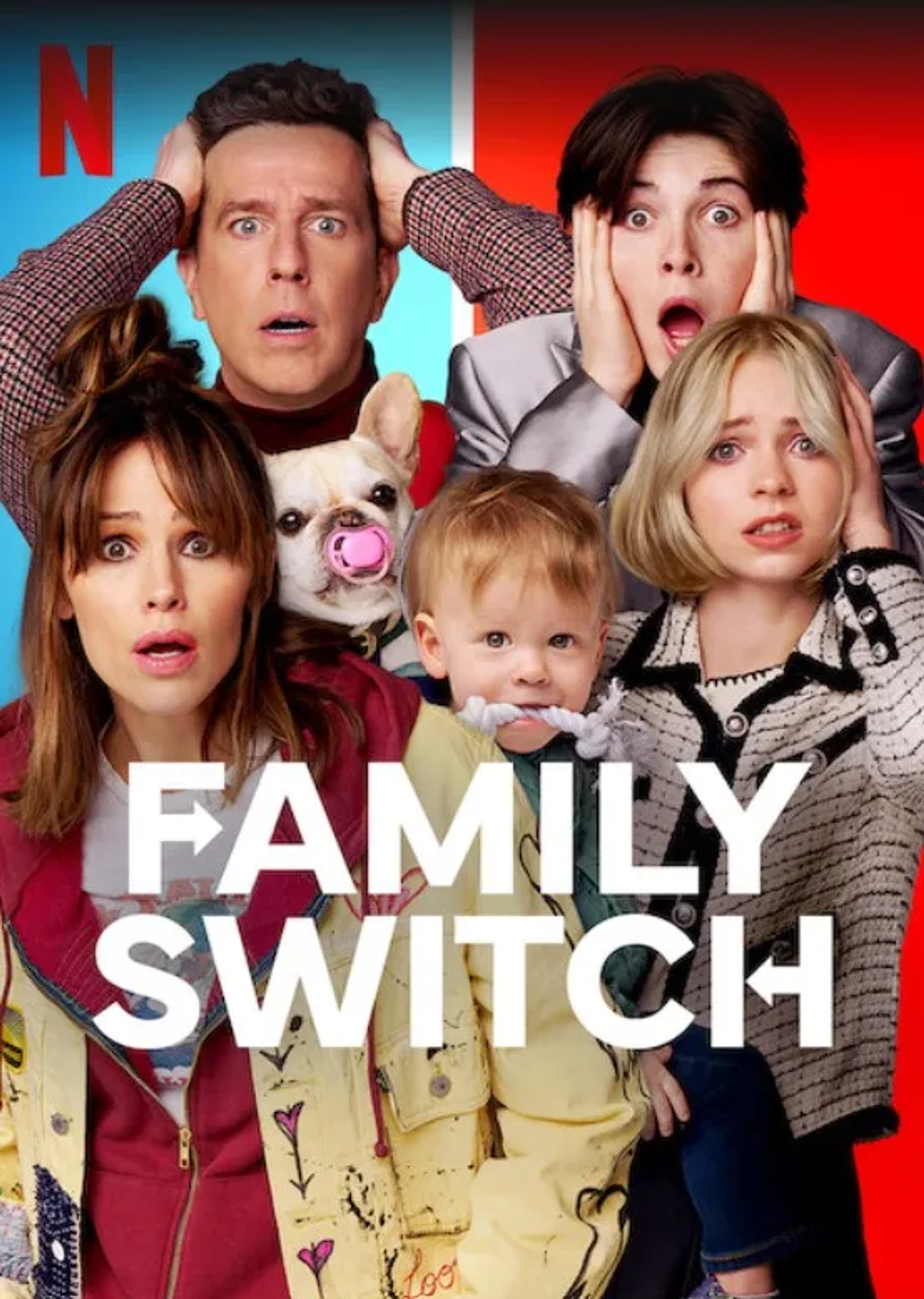 Jennifer Garner, Ed Helms, Lincoln Sykes, Theodore Sykes, Emma Myers, and Brady Noon in Family Switch (2023)