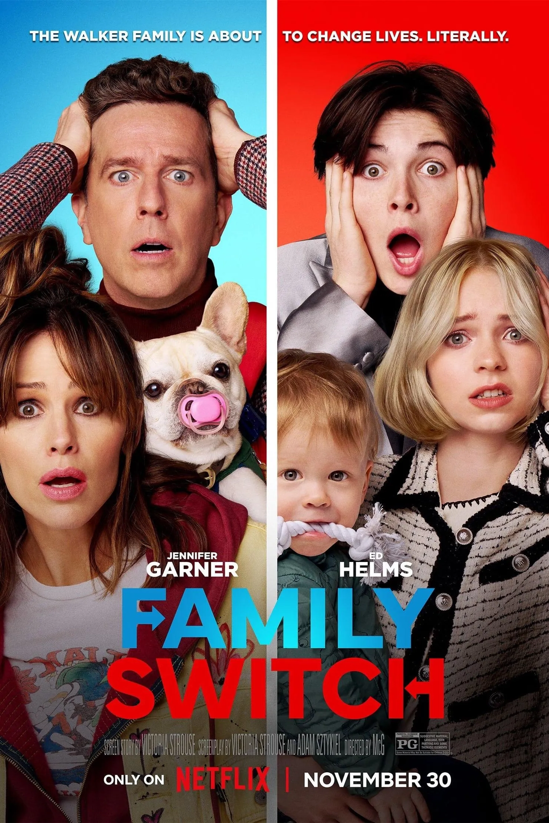 Jennifer Garner, Ed Helms, Lincoln Sykes, Theodore Sykes, Emma Myers, and Brady Noon in Family Switch (2023)