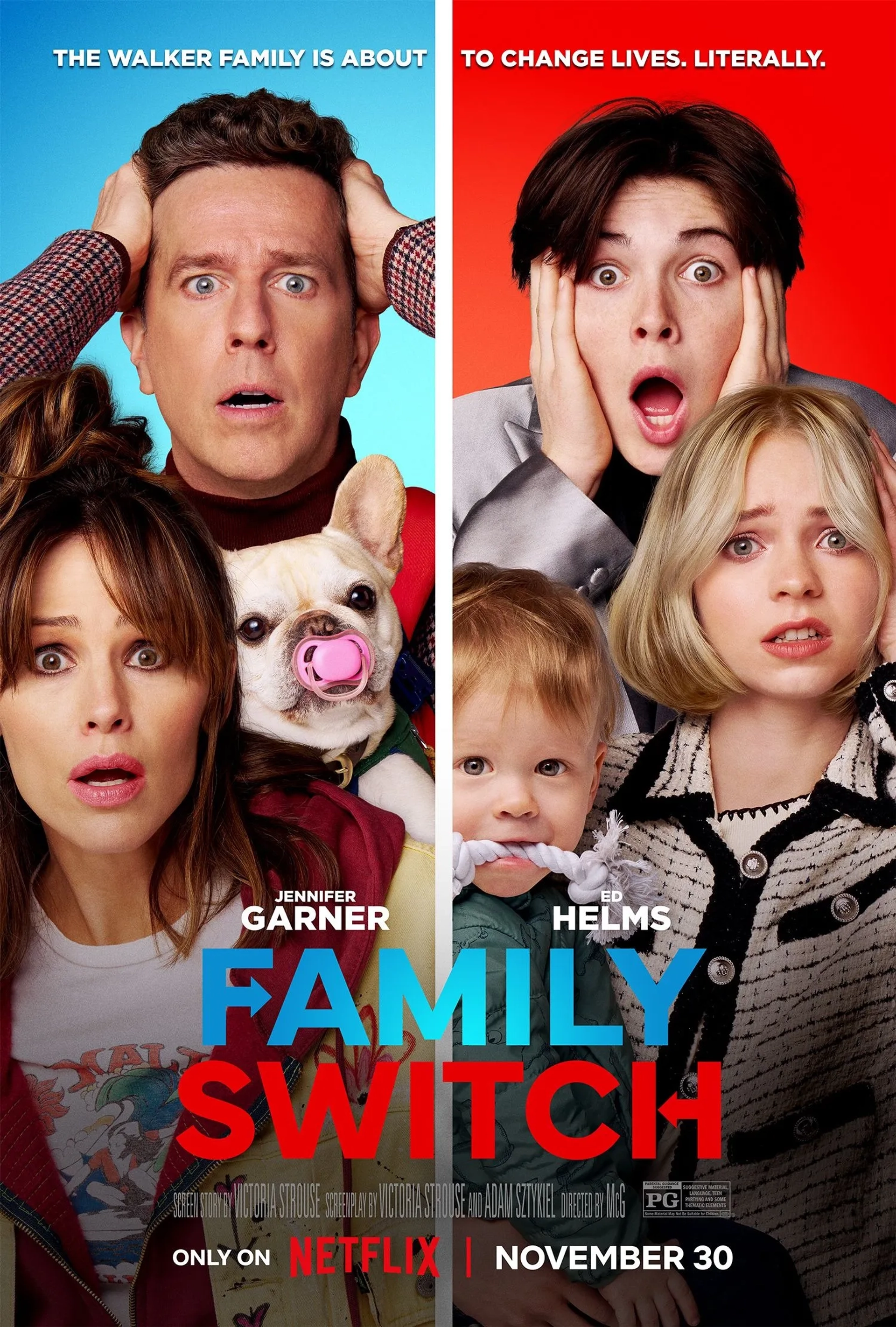 Jennifer Garner, Ed Helms, Lincoln Sykes, Theodore Sykes, Emma Myers, and Brady Noon in Family Switch (2023)