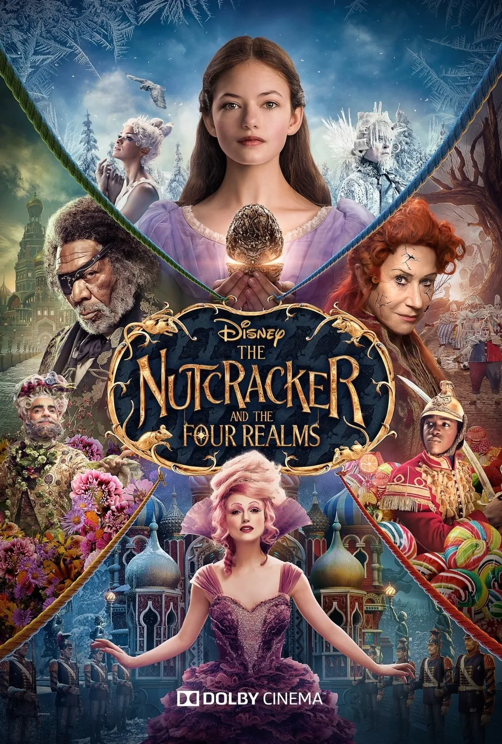 Morgan Freeman, Helen Mirren, Richard E. Grant, Eugenio Derbez, Keira Knightley, Jack Whitehall, Mackenzie Foy, Misty Copeland, and Jayden Fowora-Knight in The Nutcracker and the Four Realms (2018)