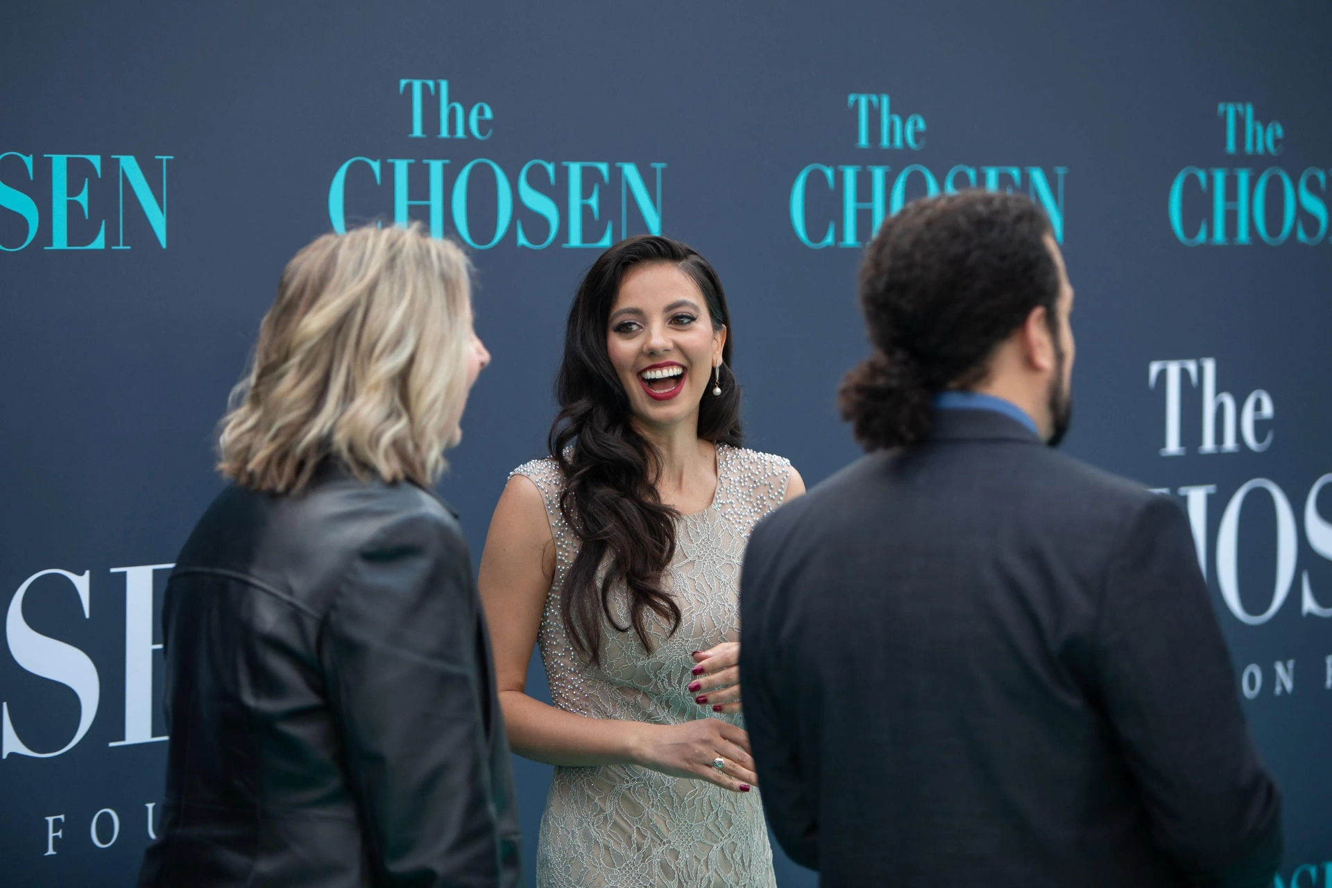 Jean Wenger, Catherine Lidstone and Demetrios Troy at the Chosen Season Four Teal Carpet Premiere