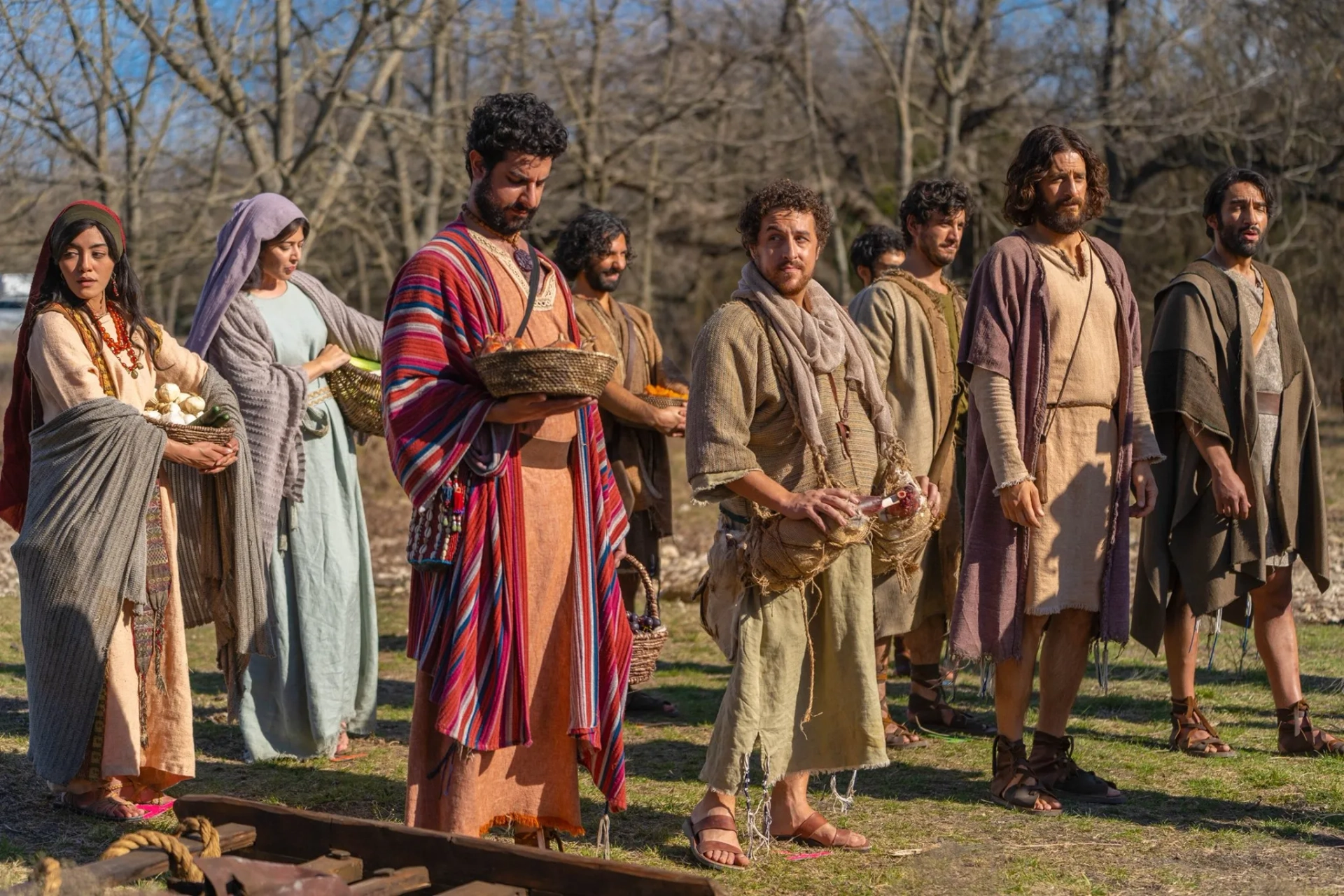 Jonathan Roumie, Jordan Walker Ross, Elizabeth Tabish, Yasmine Al-Bustami, George H. Xanthis, Noah James, Abe Bueno-Jallad, and Joey Vahedi in The Chosen: Thunder (2021)