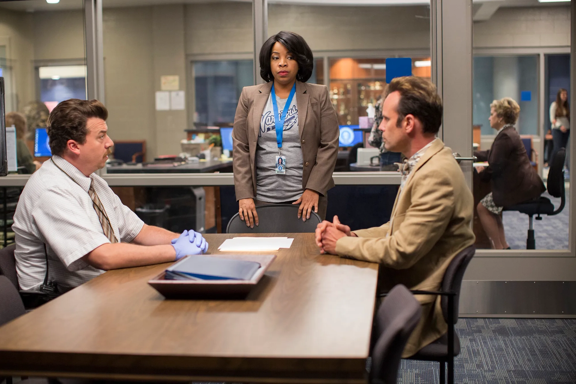 Walton Goggins, Danny McBride, and Kimberly Hebert Gregory in Vice Principals (2016)