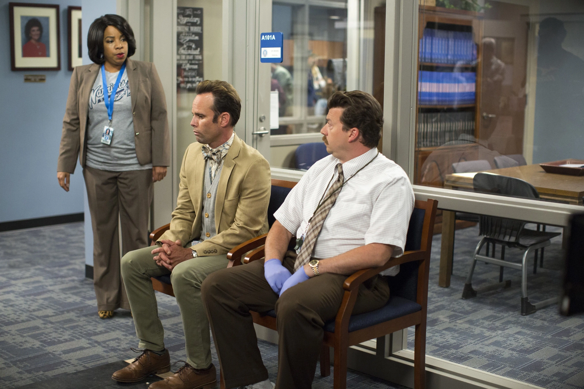 Walton Goggins, Danny McBride, and Kimberly Hebert Gregory in Vice Principals (2016)