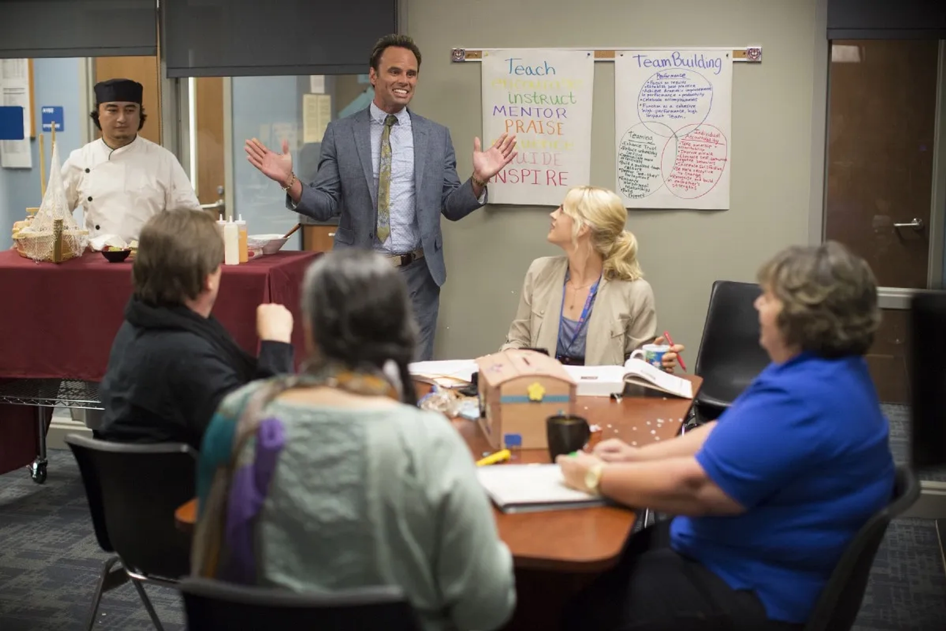 Robin Bartlett, Walton Goggins, and Georgia King in Vice Principals (2016)