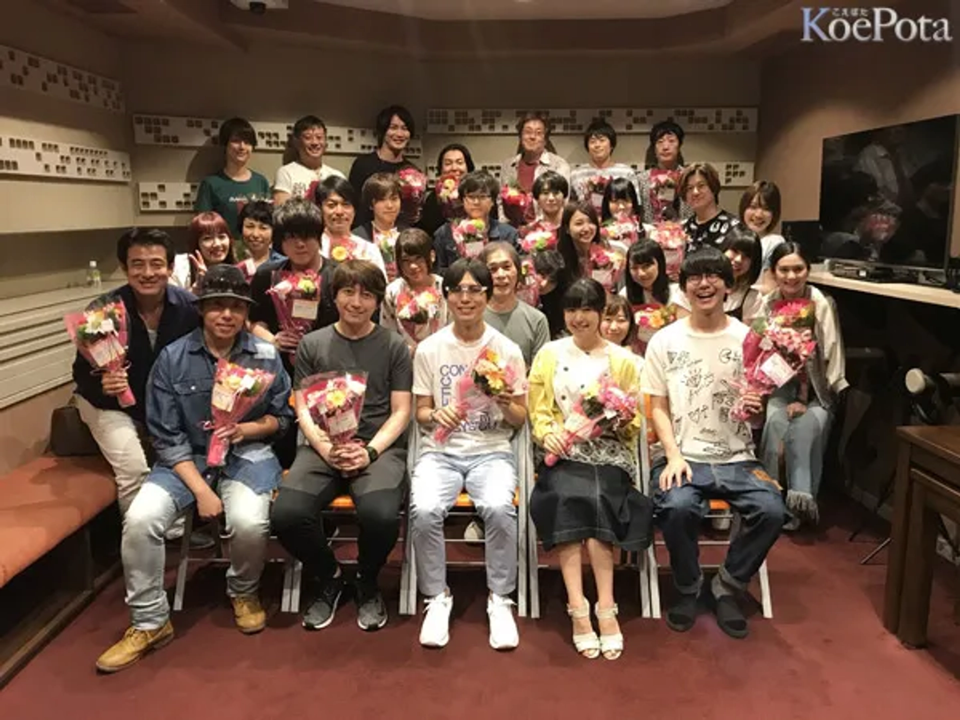 Hiroshi Kamiya, Yukari Tamura, Daisuke Ono, Satoshi Hino, Yuki Ono, Yoshimasa Hosoya, Haruka Tomatsu, Mao Ichimichi, Yoshitsugu Matsuoka, Ai Kayano, Nobunaga Shimazaki, Maaya Uchida, and Natsuki Hanae at an event for The Disastrous Life of Saiki K. (2016)