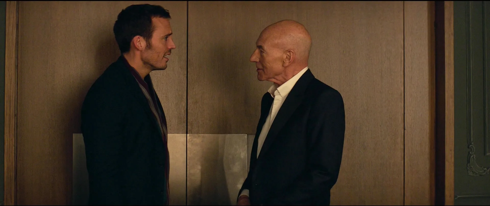 Patrick Stewart and Sam Claflin in Charlie's Angels (2019)