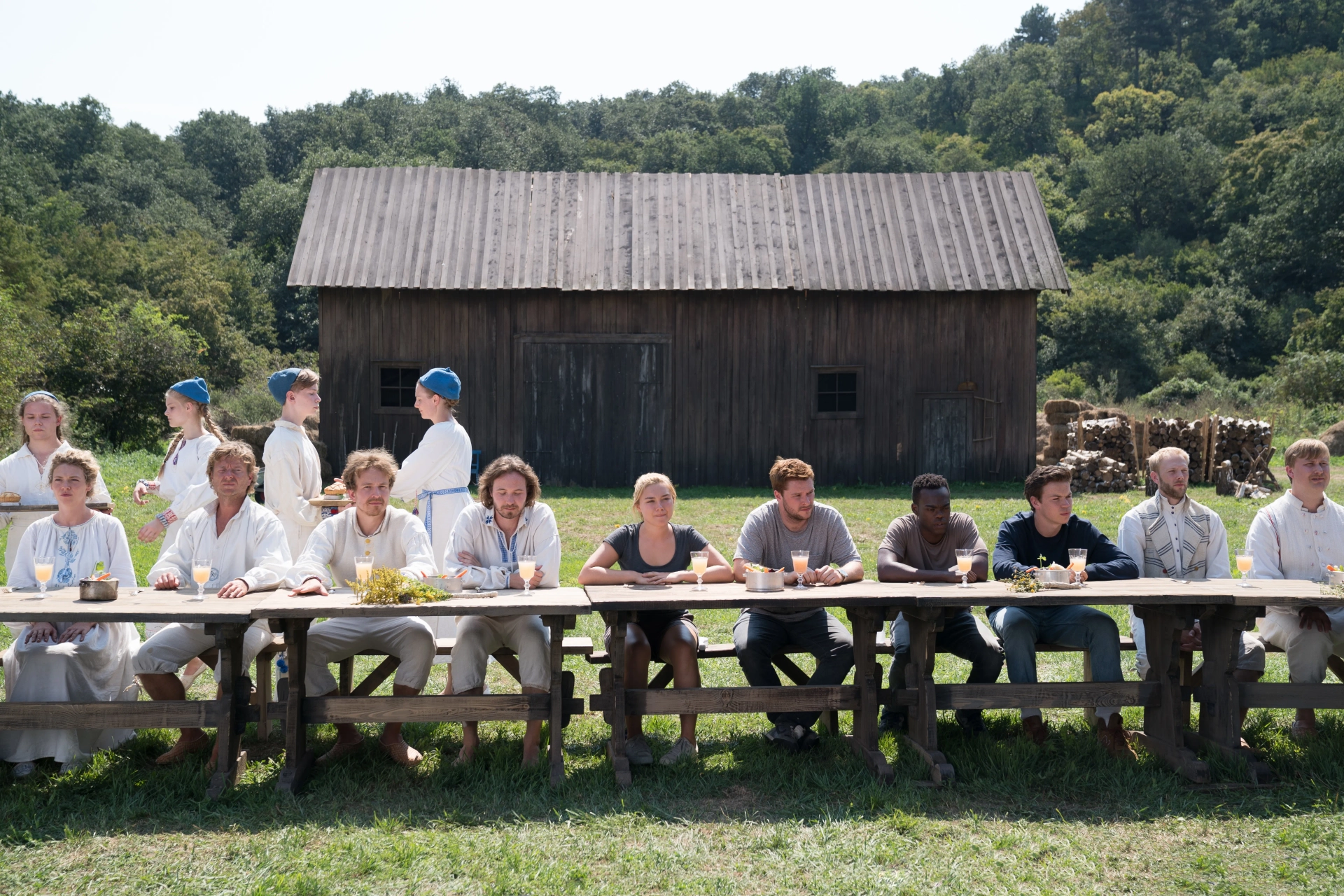 Will Poulter, William Jackson Harper, Jack Reynor, Rebecka Johnston, Anders Back, Florence Pugh, Tomas Engström, Hampus Hallberg, and Vilhelm Blomgren in Midsommar (2019)