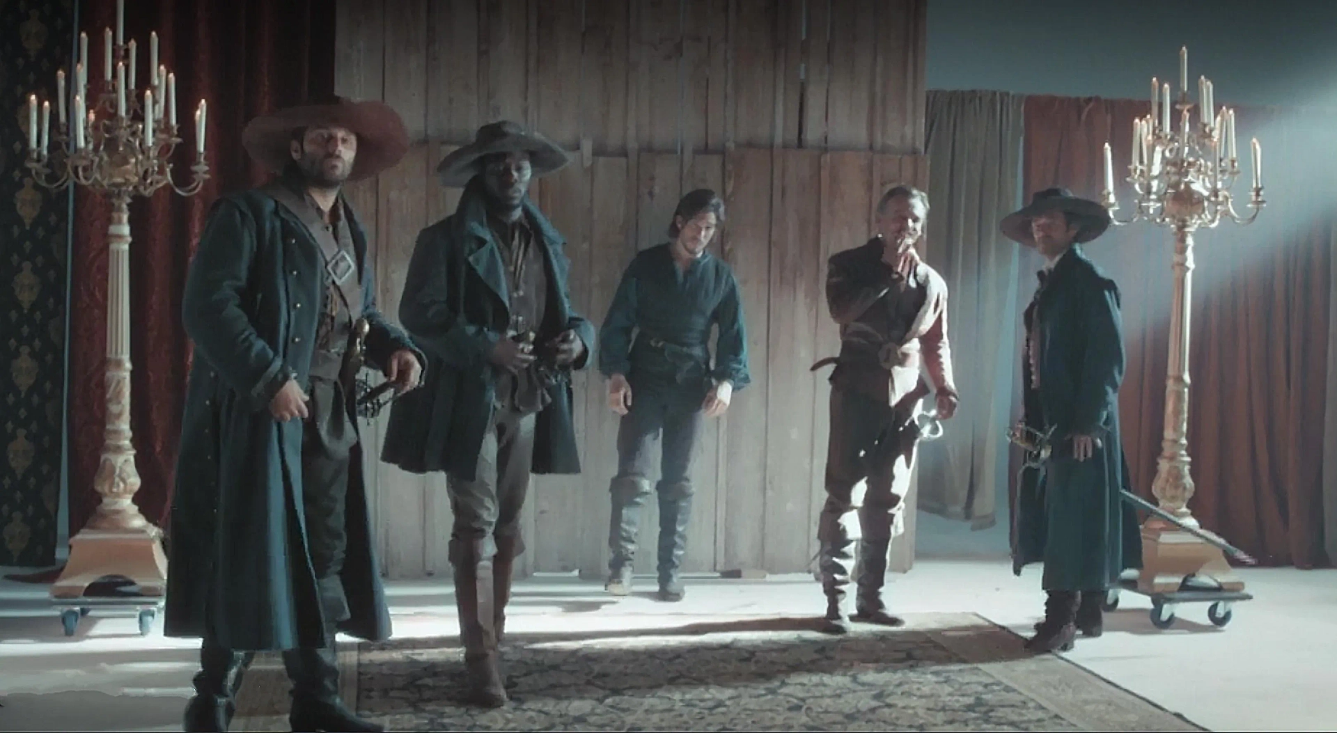 Marc Barbé, Romain Duris, Ralph Amoussou, François Civil, and Pio Marmaï in The Three Musketeers - Part II: Milady (2023)