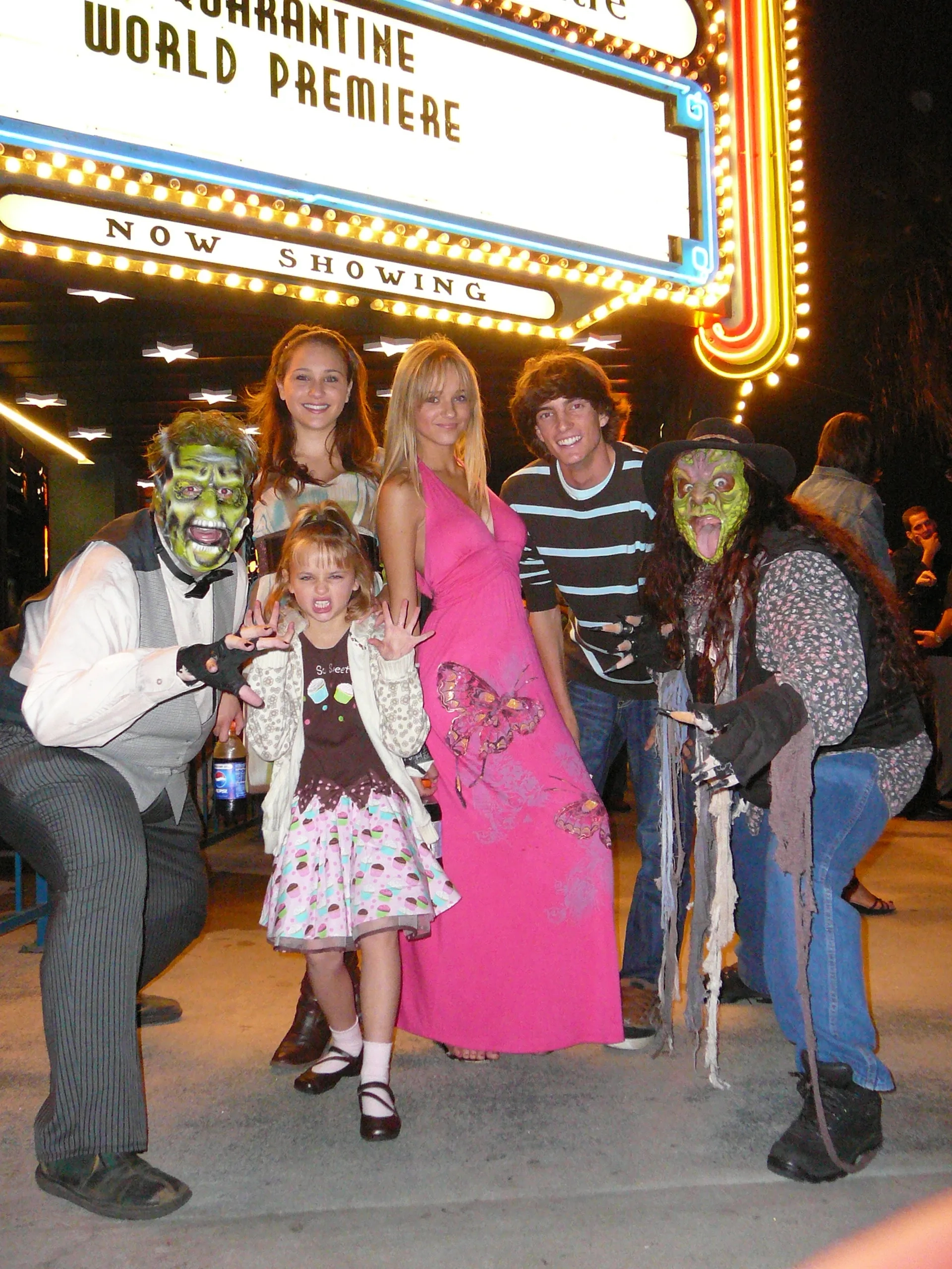 Haley King- QUARANTINE Premiere with sister Joey "Briana" of Quarantine (bottom center), sister Kelli (left), friend Devin (right), and Hollywood and Smiley their goulish chaperons.