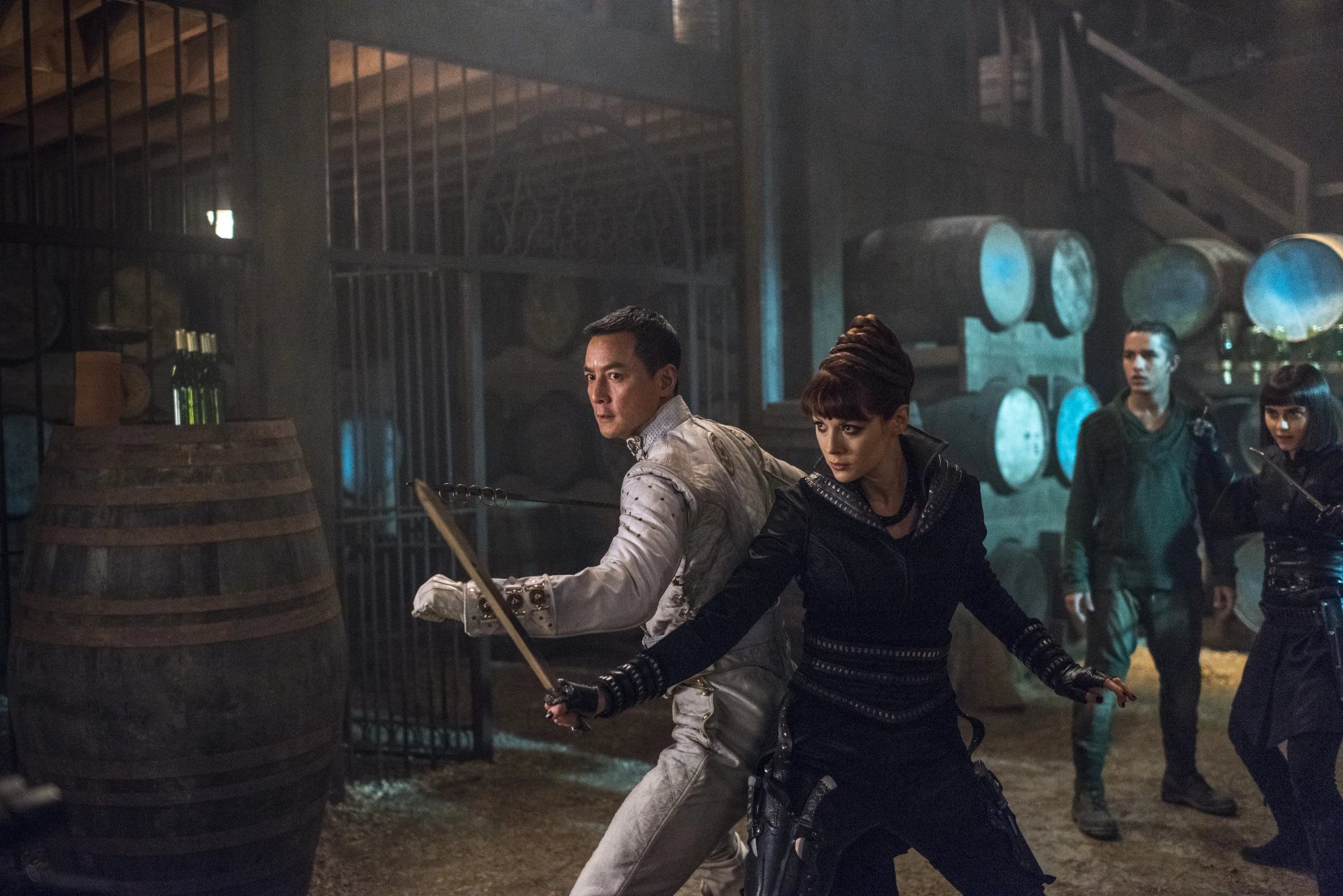 Daniel Wu, Aramis Knight, Emily Beecham, and Ally Ioannides in Into the Badlands (2015)