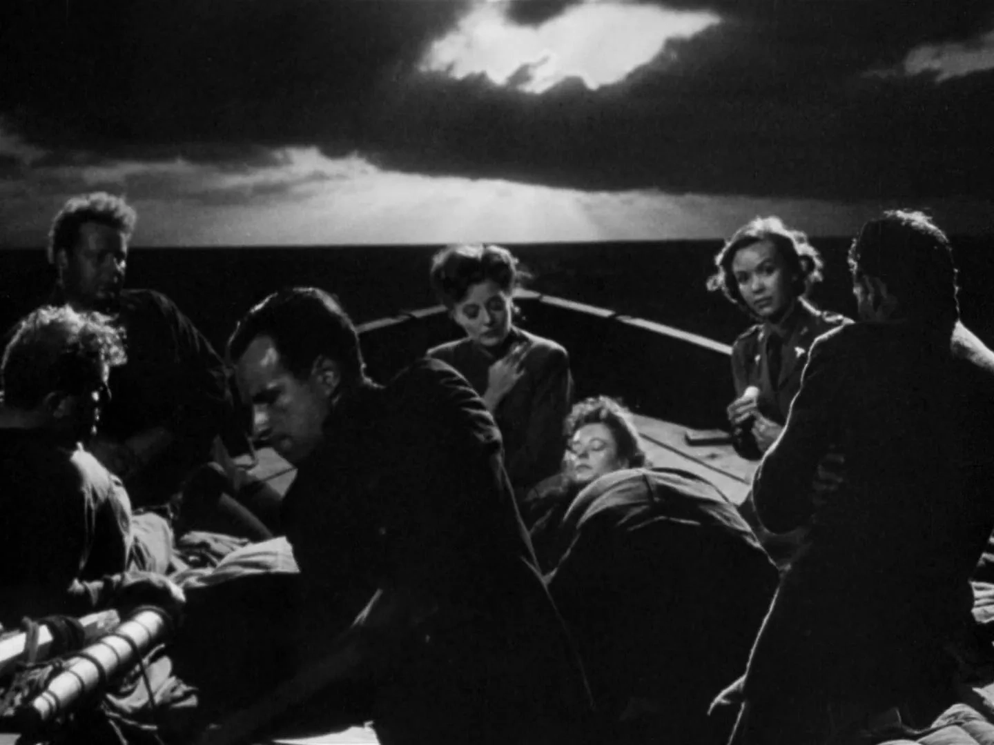 Tallulah Bankhead, Hume Cronyn, Mary Anderson, Heather Angel, John Hodiak, Henry Hull, and Walter Slezak in Lifeboat (1944)