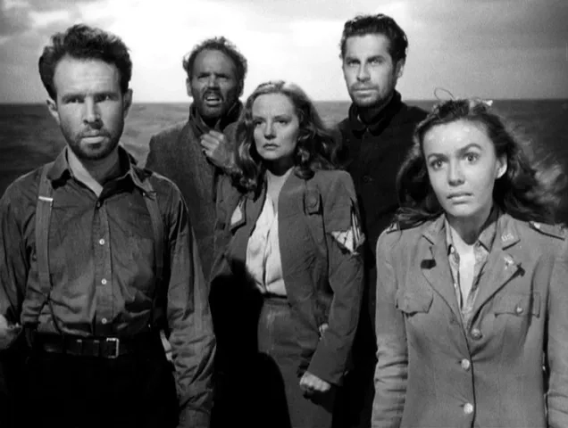 Tallulah Bankhead, Hume Cronyn, Mary Anderson, John Hodiak, and Henry Hull in Lifeboat (1944)