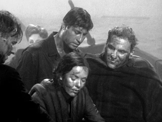 Tallulah Bankhead, William Bendix, Hume Cronyn, Mary Anderson, and John Hodiak in Lifeboat (1944)