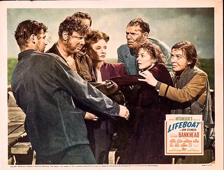 Tallulah Bankhead, Hume Cronyn, Mary Anderson, Heather Angel, John Hodiak, Henry Hull, and Walter Slezak in Lifeboat (1944)