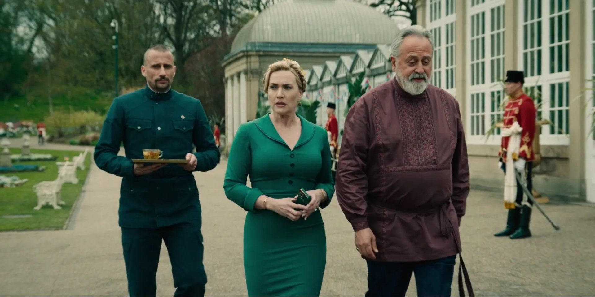 Kate Winslet, Matthias Schoenaerts, and Stanley Townsend in The Regime (2024)