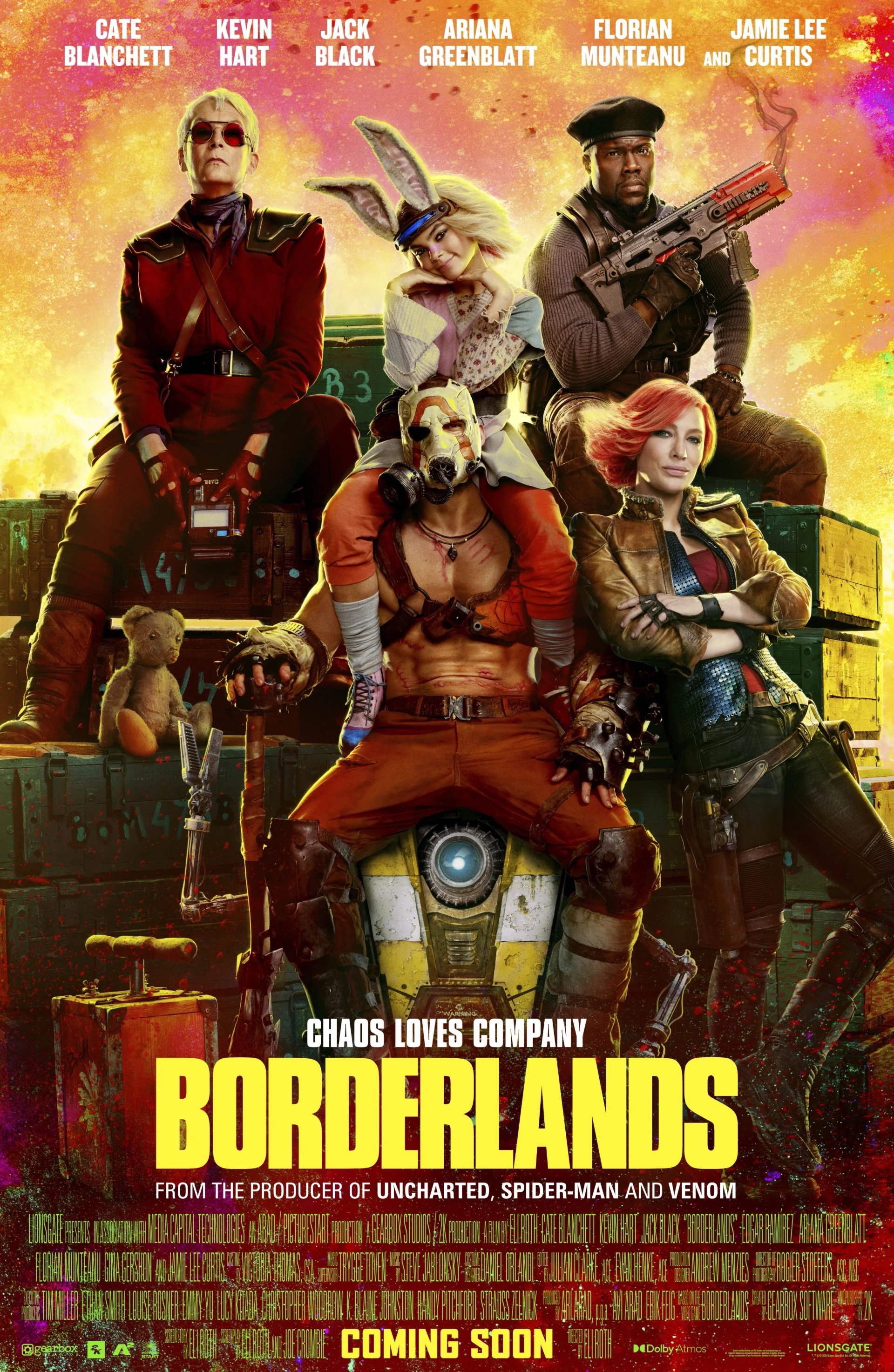 Jamie Lee Curtis, Cate Blanchett, Jack Black, Kevin Hart, Ariana Greenblatt, and Florian Munteanu in Borderlands (2024)