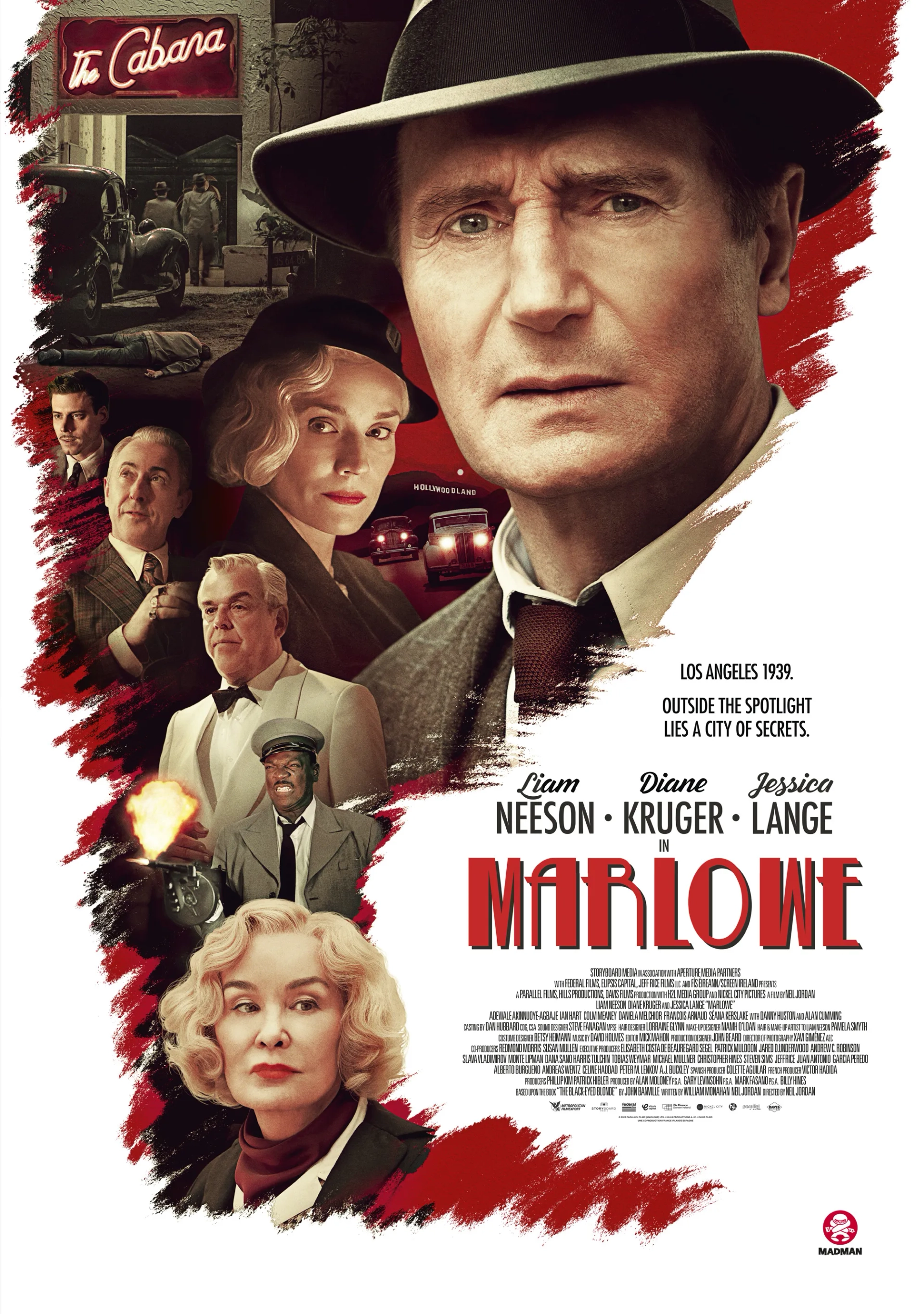 Liam Neeson, Alan Cumming, Jessica Lange, Adewale Akinnuoye-Agbaje, Danny Huston, Diane Kruger, and François Arnaud in Marlowe (2022)