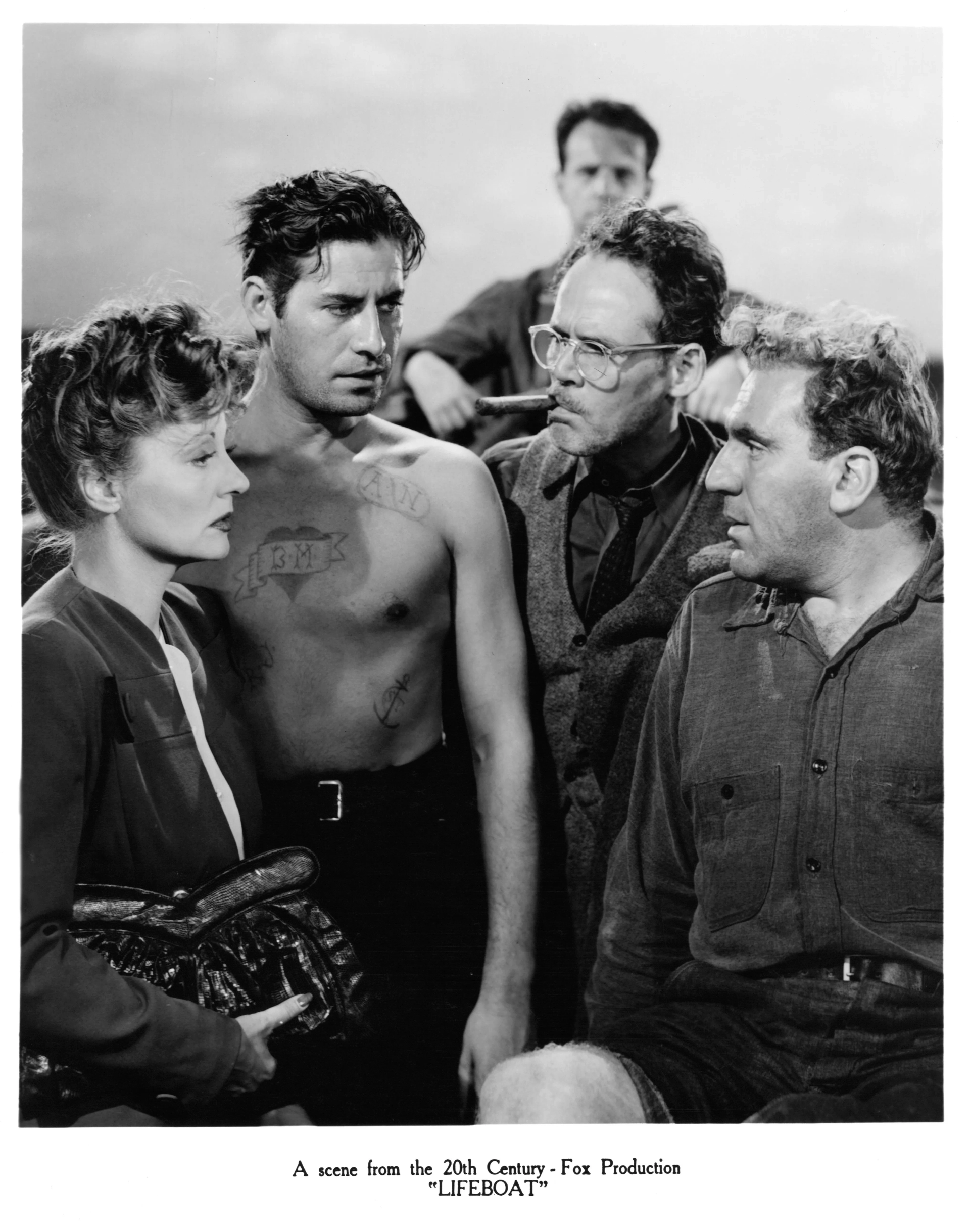 Tallulah Bankhead, William Bendix, John Hodiak, Henry Hull, and Walter Slezak in Lifeboat (1944)