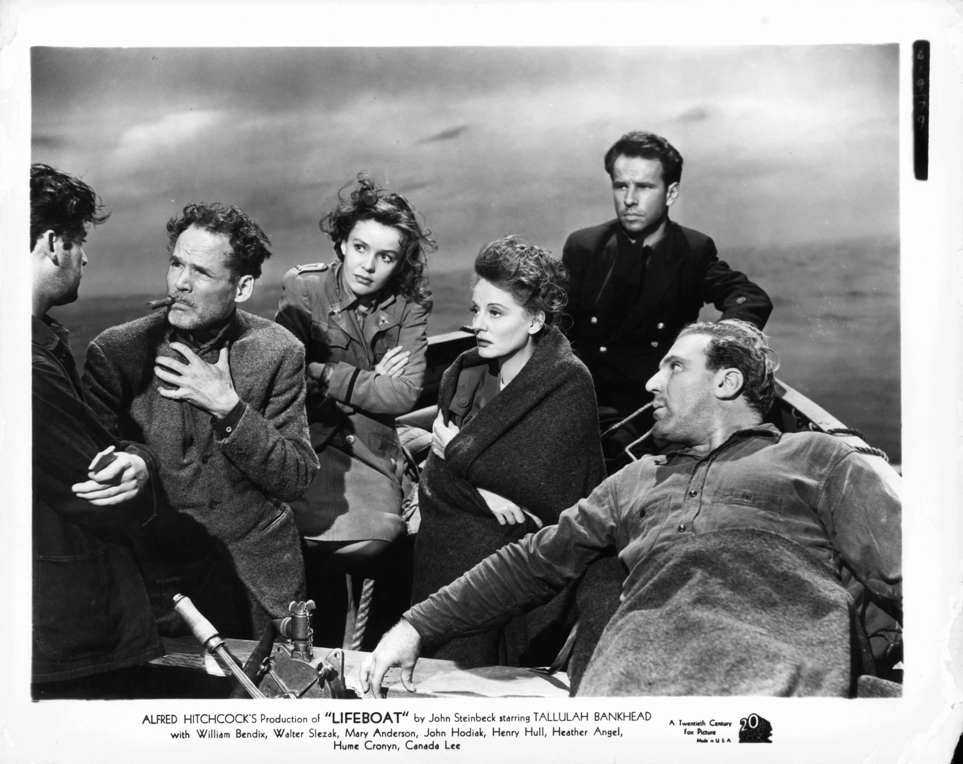 Tallulah Bankhead, William Bendix, Hume Cronyn, Mary Anderson, John Hodiak, and Henry Hull in Lifeboat (1944)