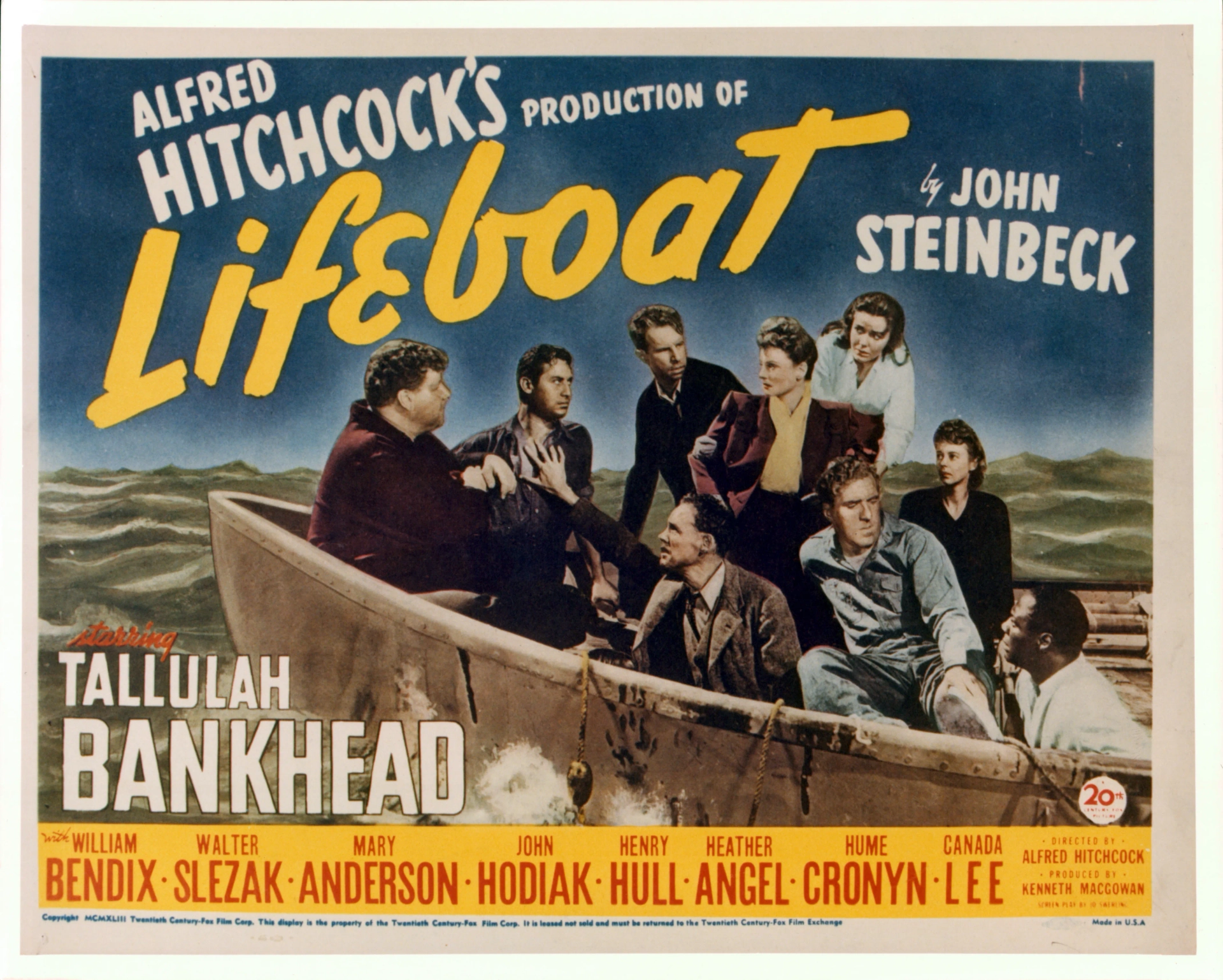 Tallulah Bankhead, William Bendix, Hume Cronyn, Mary Anderson, Heather Angel, John Hodiak, Henry Hull, Canada Lee, and Walter Slezak in Lifeboat (1944)