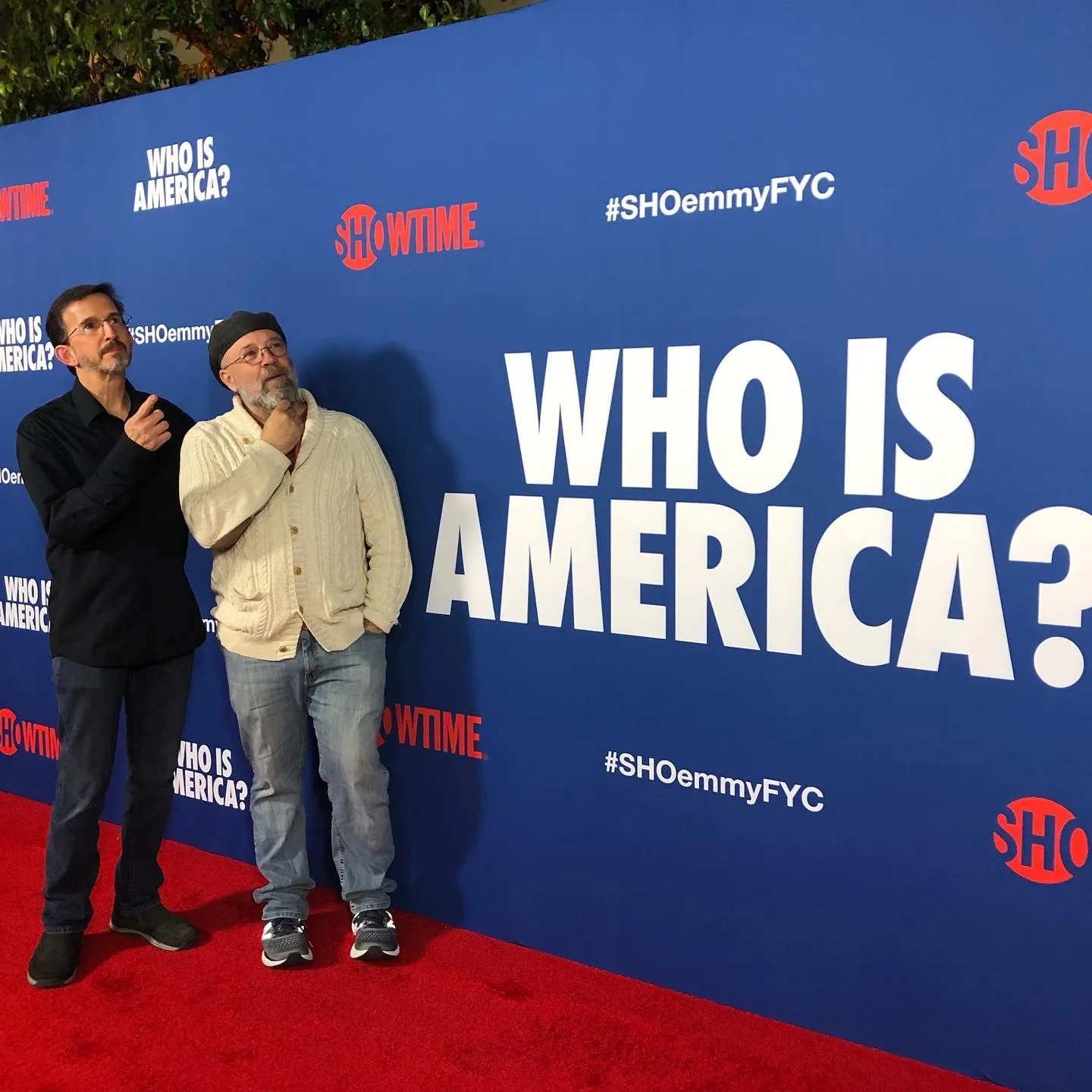 "Who Is America?": Makeup Effects Designer & Department Head Tony Gardner (L) and Key Makeup Artist Barney Burman (R) at promotional event for Showtime's "Who Is America?" (May, 2019)