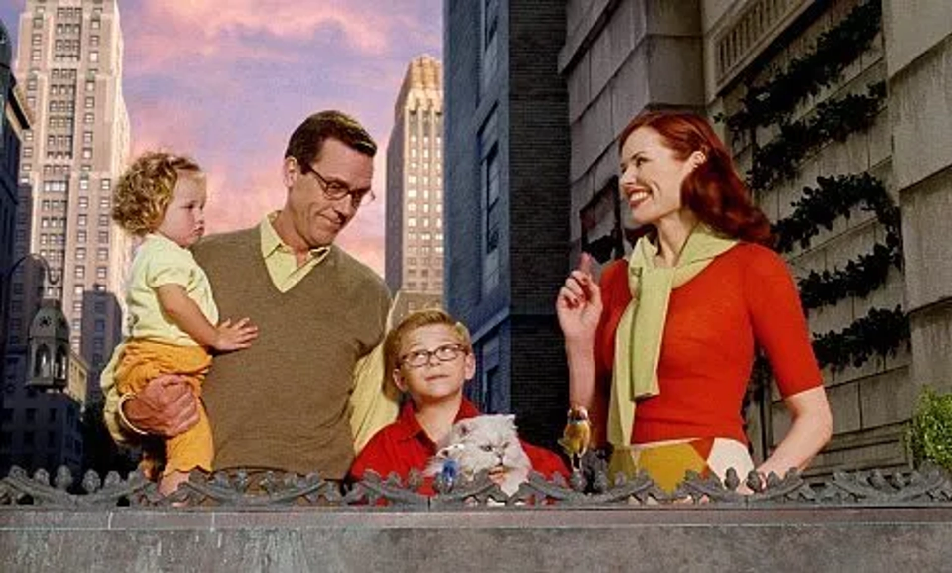 Geena Davis, Michael J. Fox, Melanie Griffith, Nathan Lane, Jonathan Lipnicki, Hugh Laurie, Anna Hoelck, and Ashley Hoelck in Stuart Little 2 (2002)