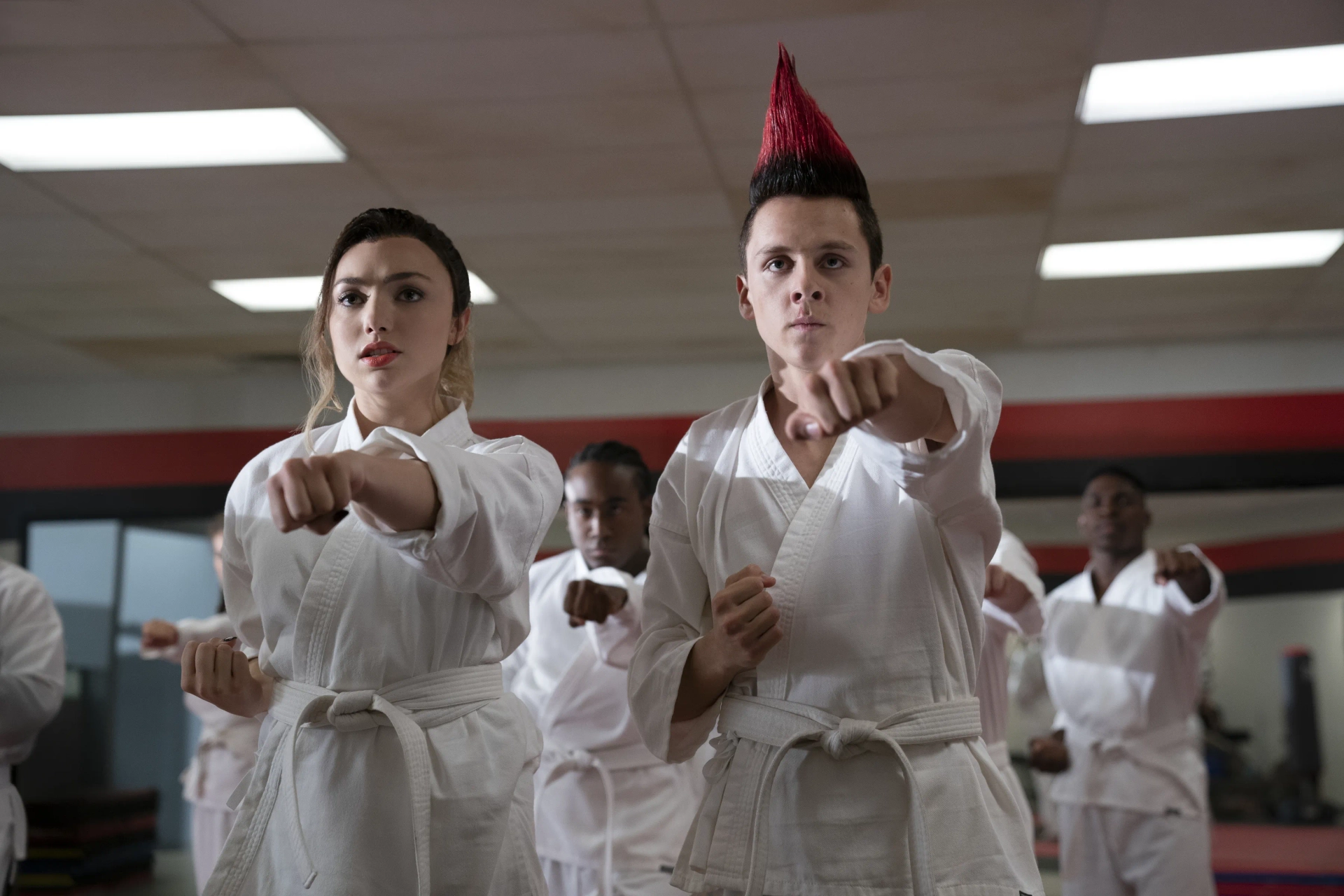 Peyton List and Jacob Bertrand in Cobra Kai (2018)