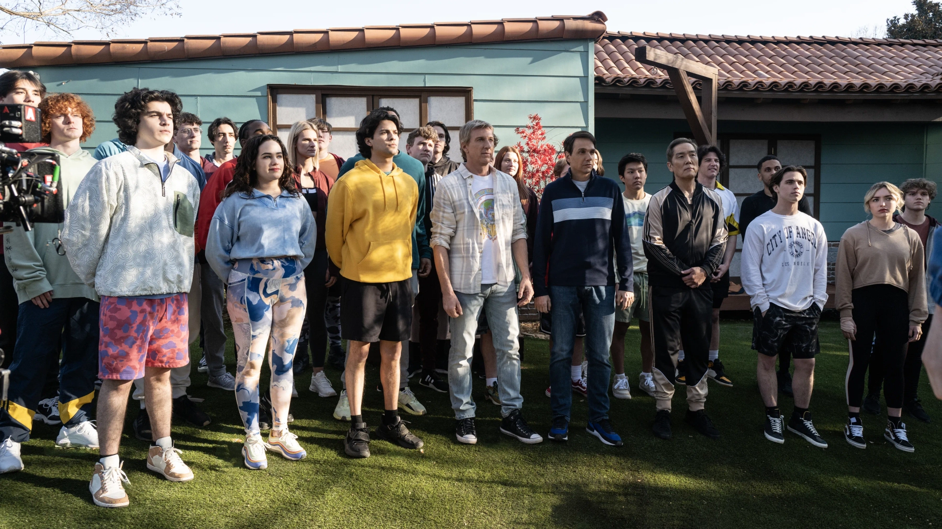 Ralph Macchio, Yuji Okumoto, William Zabka, Nathaniel Oh, Mary Mouser, Peyton List, Anthony LaRusso, Tanner Buchanan, Miguel Diaz, Xolo Maridueña, and Griffin Santopietro in Cobra Kai (2018)