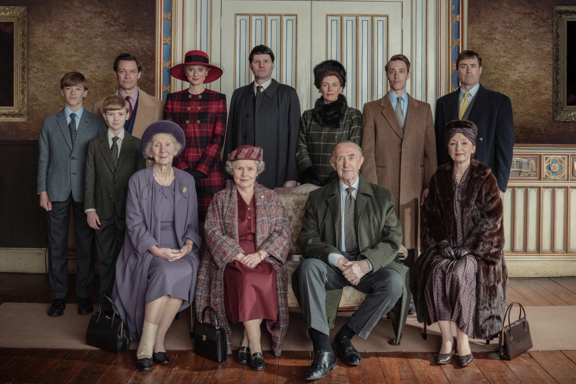 Jonathan Pryce, Imelda Staunton, Claudia Harrison, Lesley Manville, Theo Fraser Steele, Marcia Warren, Dominic West, Tom Byrne, Senan West, Will Powell, Elizabeth Debicki, and Sam Woolf in The Crown (2016)