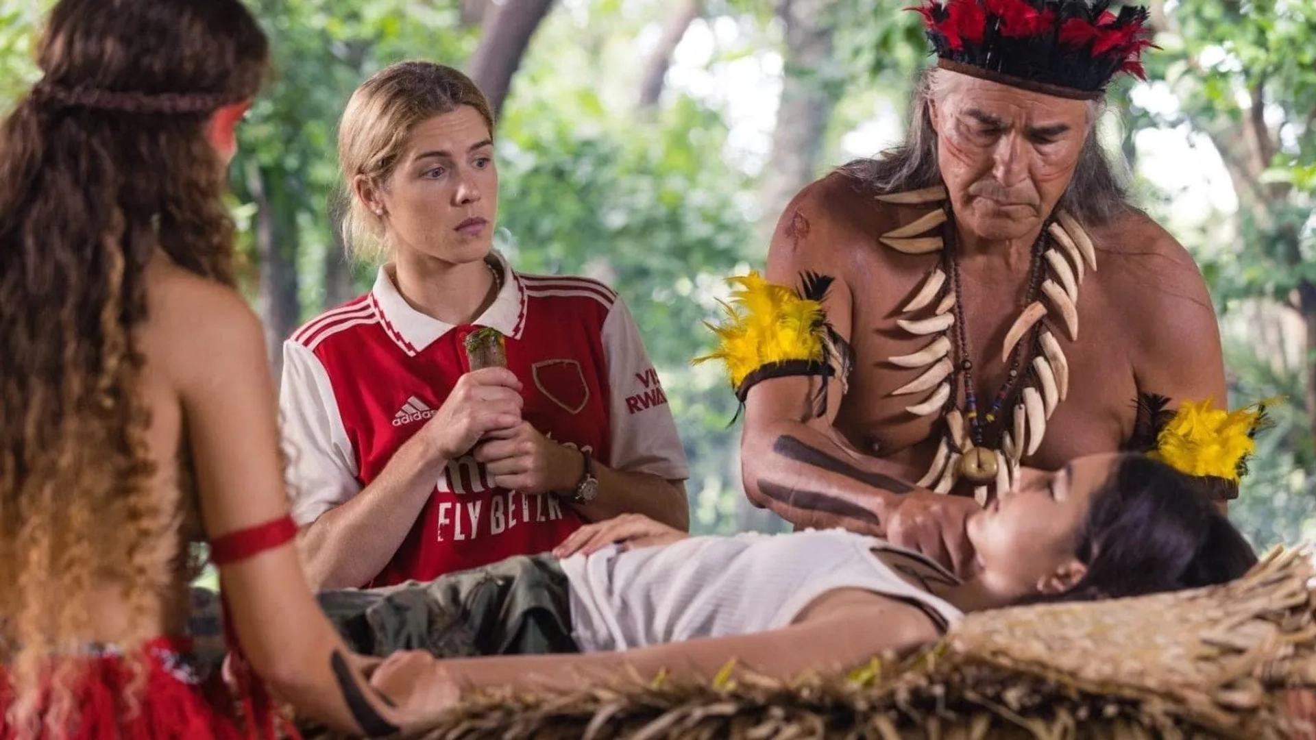 Lumi Pollack, Wayne Charles Baker, and Emily Bett Rickards in Autumn and the Black Jaguar (2024)