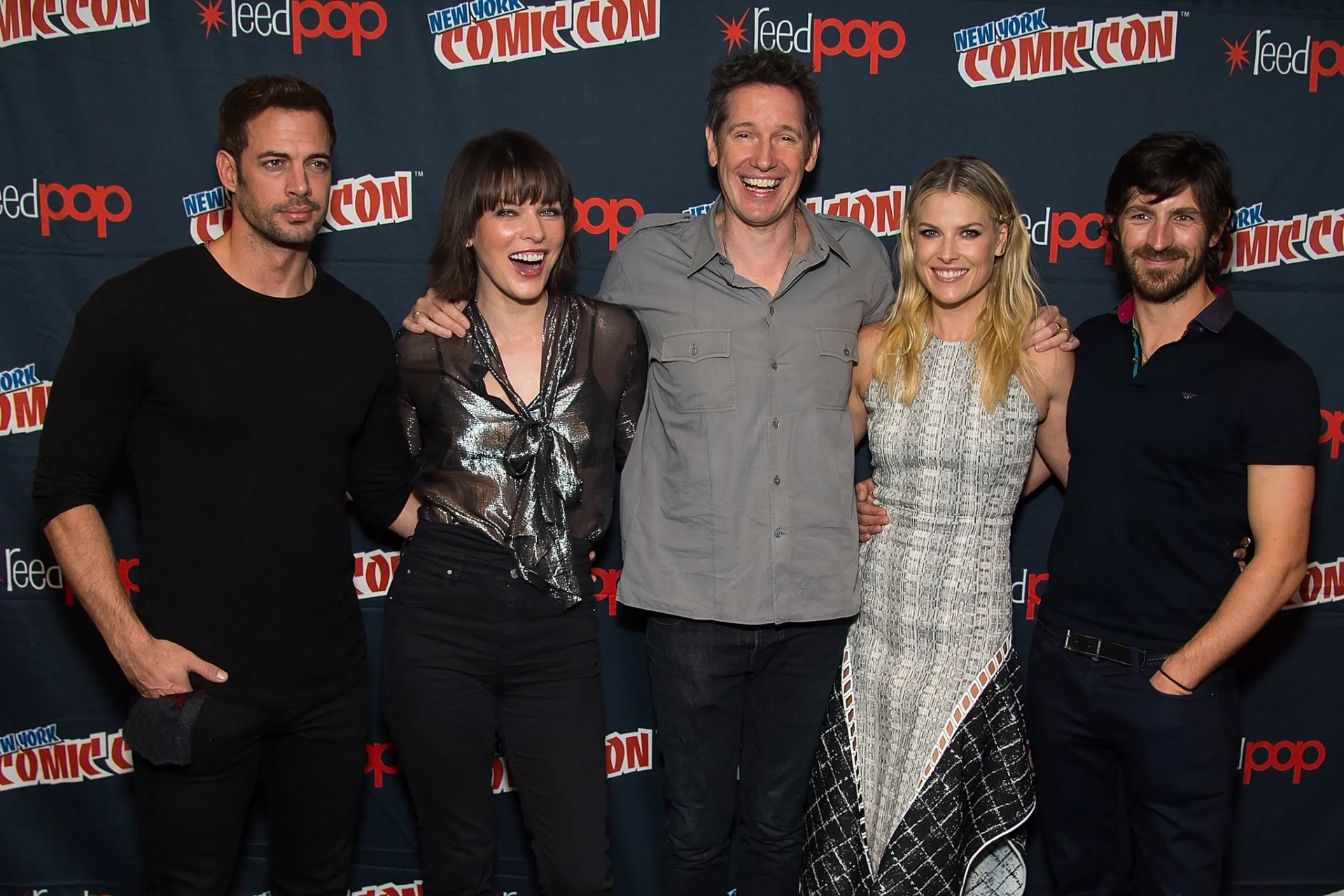 William Levy, Milla Jovovich, Paul W. S. Anderson, Ali Larter and Eoin Macken attend the Screen Gems - Resident Evil: The Final Chapter and Underworld: Blood Wars press room during 2016 New York Comic Con at The Theater at Madison Square Garden on October 7, 2016 in New York City.