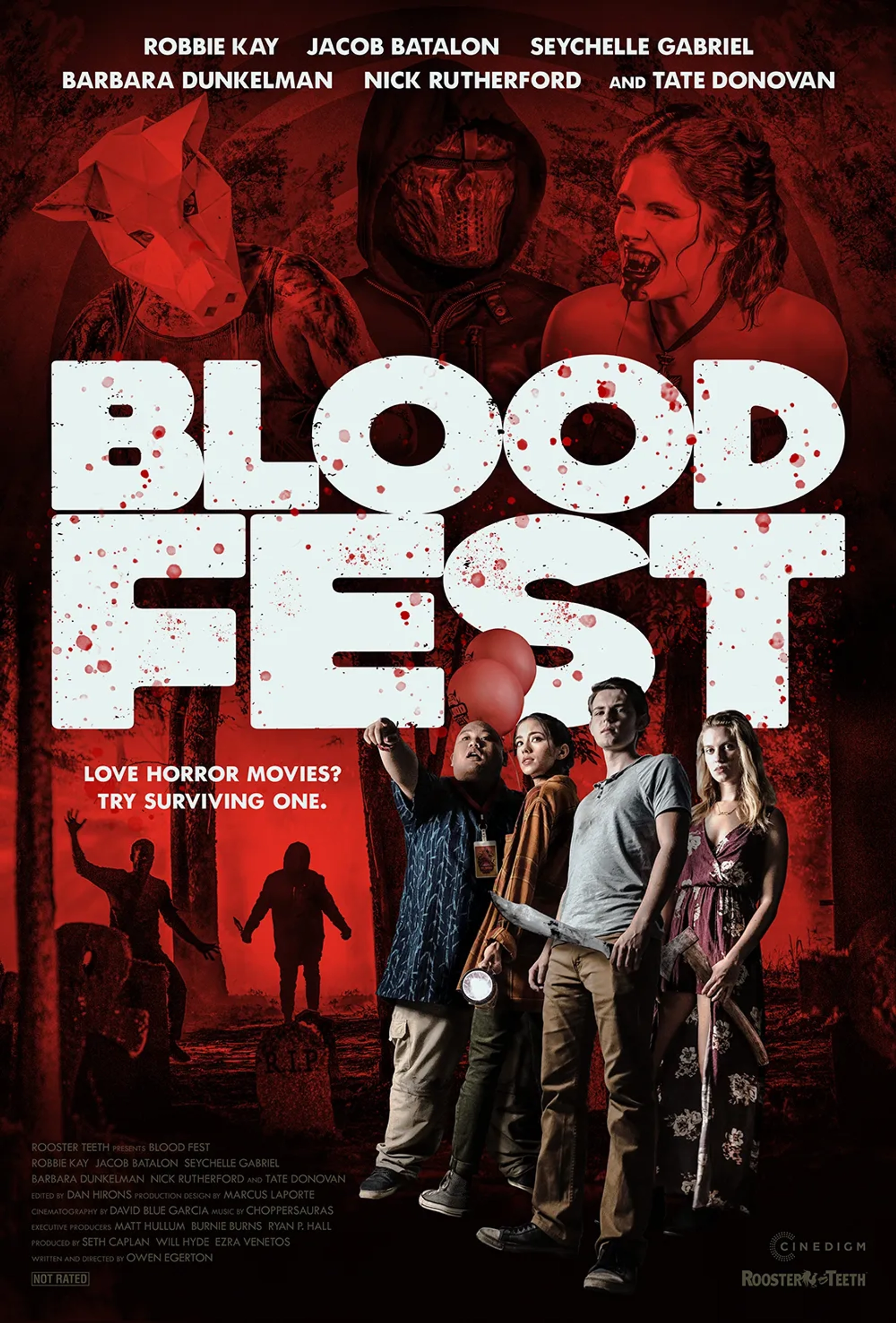 Tate Donovan, Zachary Levi, Robbie Kay, Seychelle Gabriel, and Barbara Dunkelman in Blood Fest (2018)