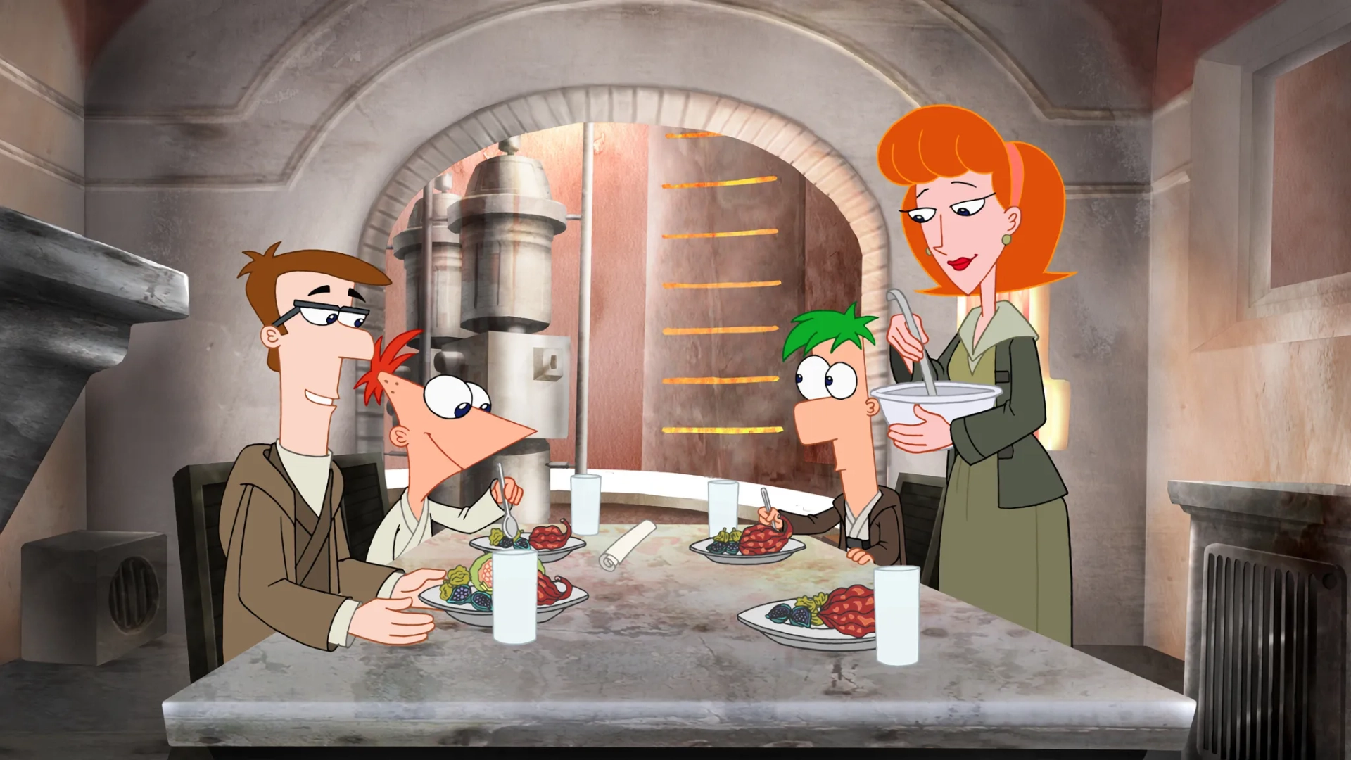 Caroline Rhea, Richard O'Brien, Thomas Brodie-Sangster, and Vincent Martella in Phineas and Ferb (2007)