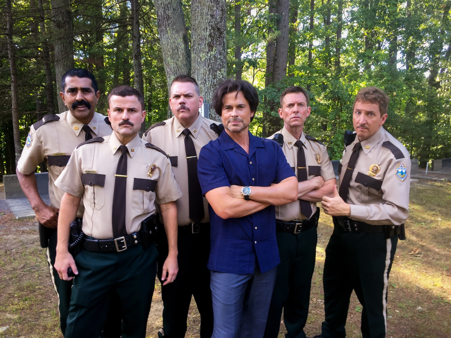 Rob Lowe, Jay Chandrasekhar, Kevin Heffernan, Steve Lemme, Paul Soter, and Erik Stolhanske in Super Troopers 2 (2018)