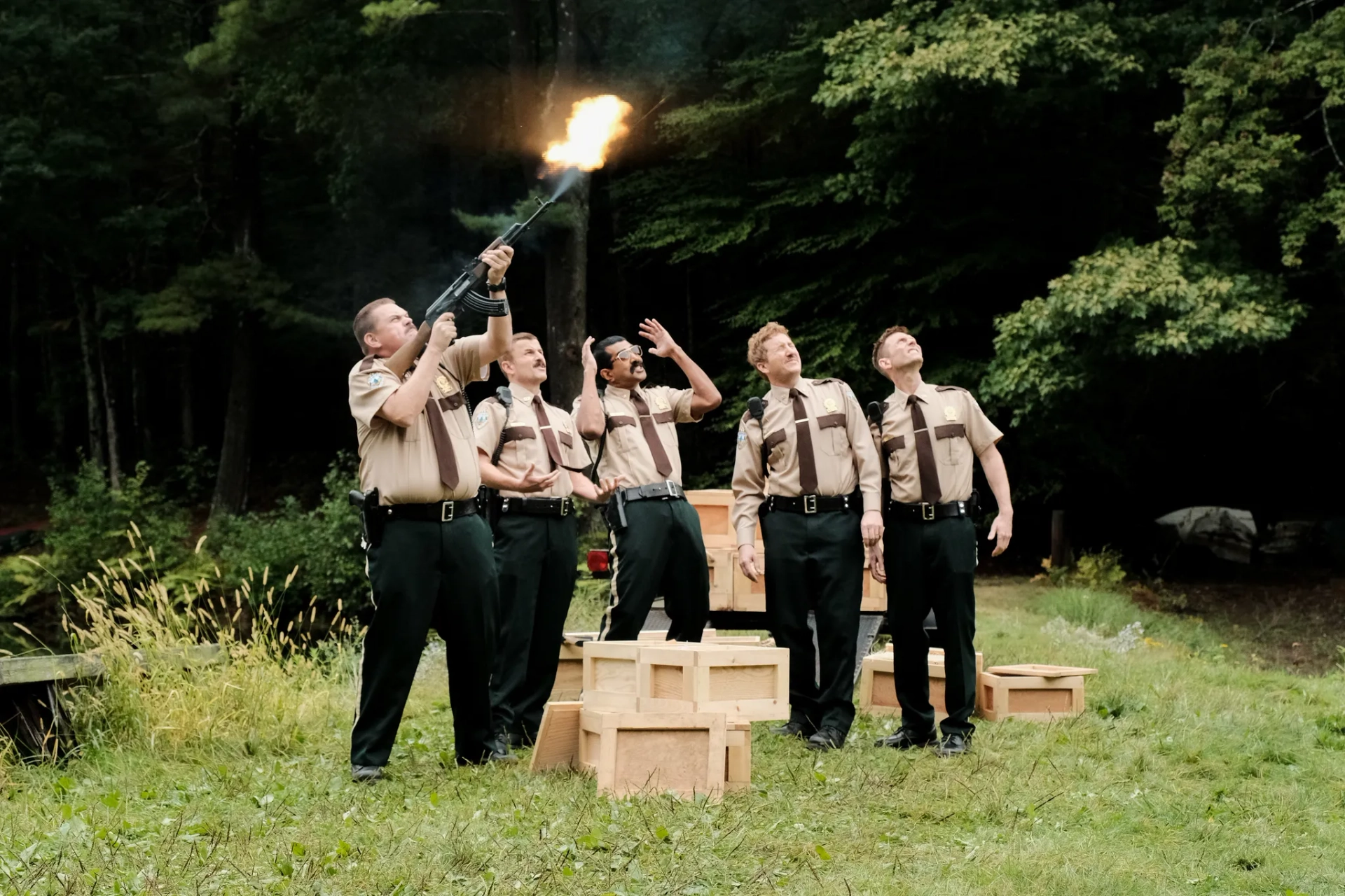 Jay Chandrasekhar, Kevin Heffernan, Steve Lemme, Paul Soter, and Erik Stolhanske in Super Troopers 2 (2018)