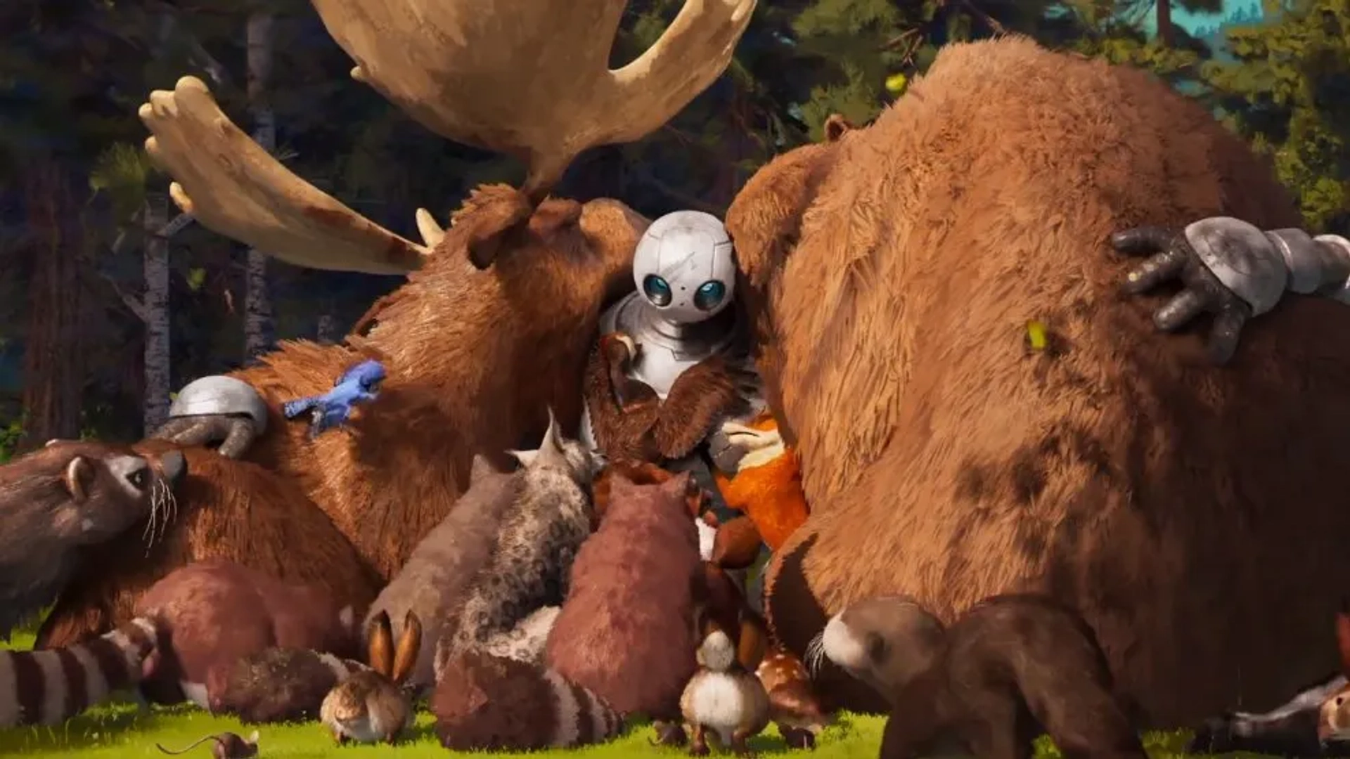 Mark Hamill, Pedro Pascal, Matt Berry, Lupita Nyong'o, and Kit Connor in The Wild Robot (2024)