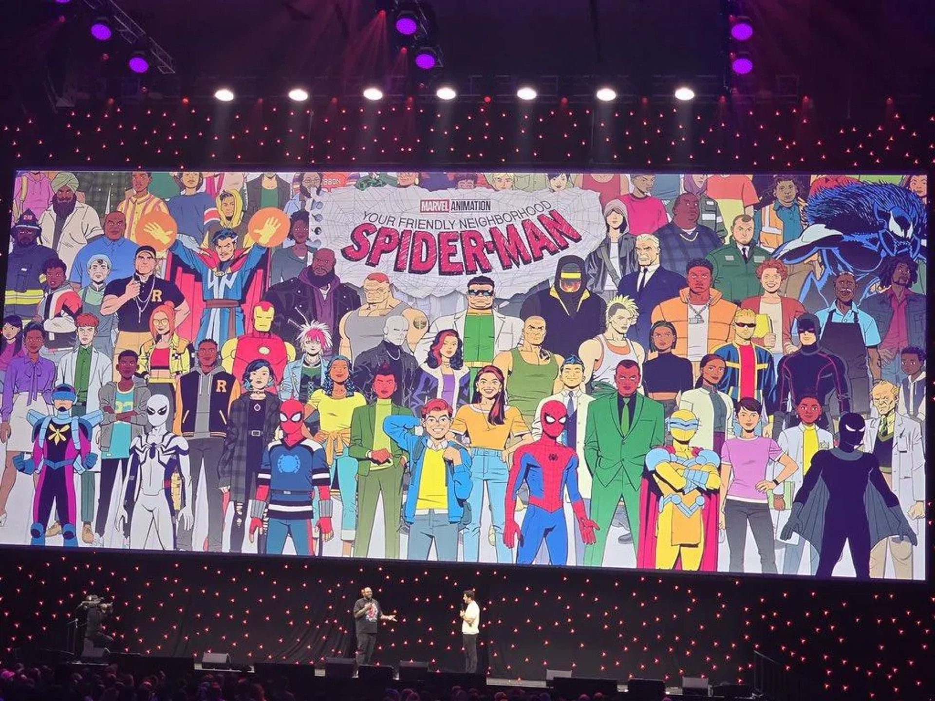 Eugene Byrd, Colman Domingo, Robin Atkin Downes, Cathy Ang, Kari Wahlgren, Hudson Thames, and Grace Song at an event for Your Friendly Neighborhood Spider-Man (2025)