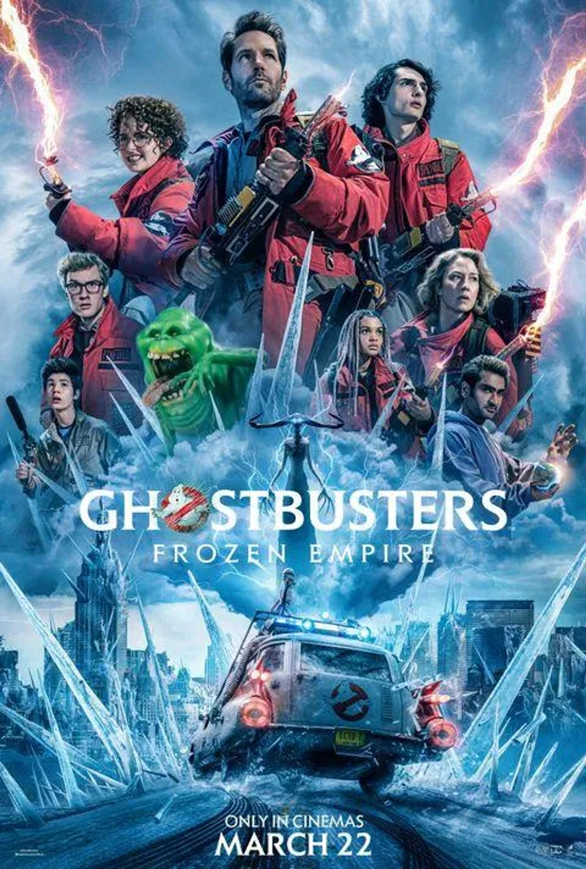 Paul Rudd, Logan Kim, Kevin Mangold, Ian Whyte, Kumail Nanjiani, Carrie Coon, James Acaster, Mckenna Grace, Finn Wolfhard, and Celeste O'Connor in Ghostbusters: Frozen Empire (2024)