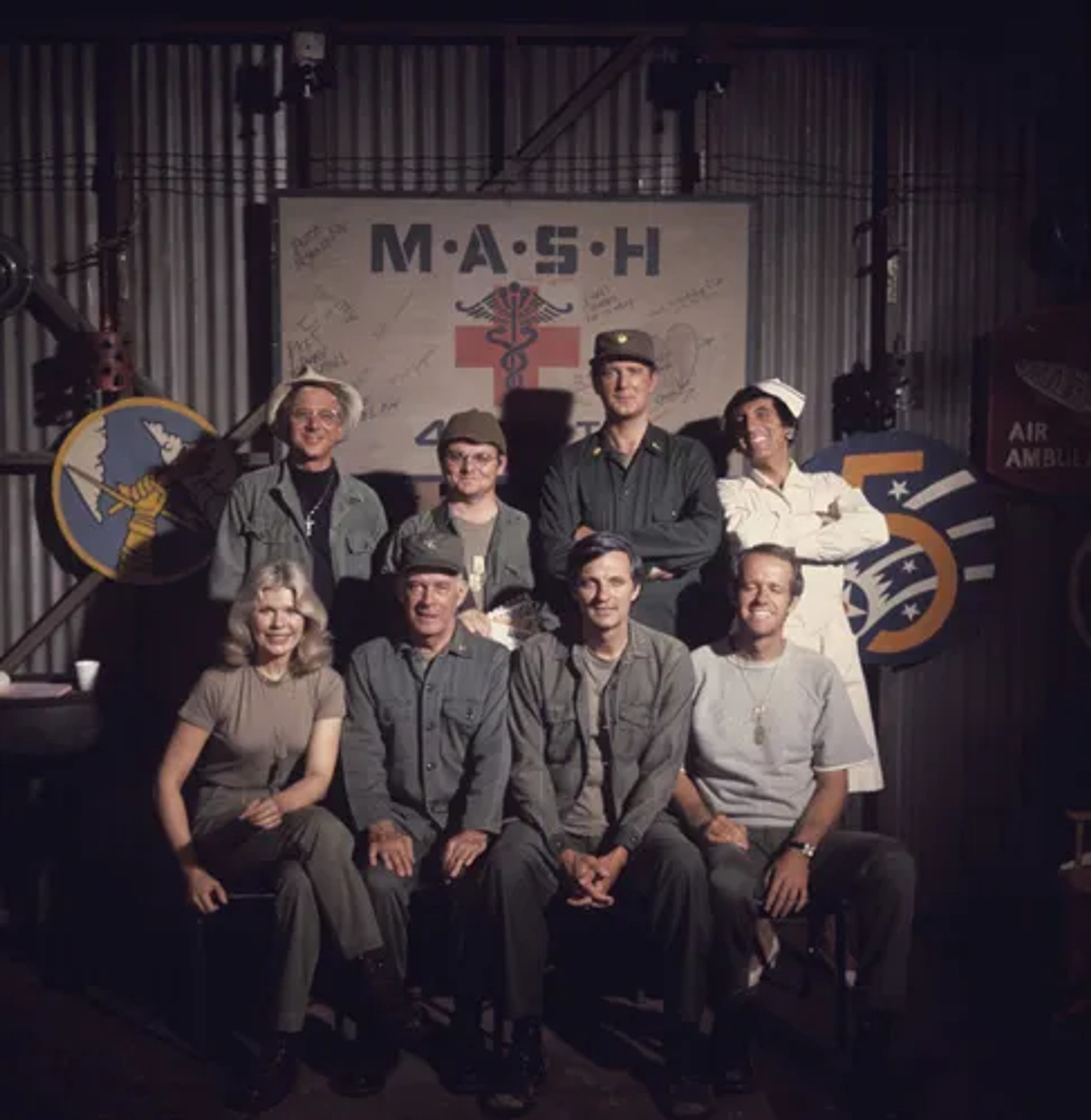 Alan Alda, David Ogden Stiers, Gary Burghoff, William Christopher, Jamie Farr, Mike Farrell, Harry Morgan, and Loretta Swit in M*A*S*H (1972)