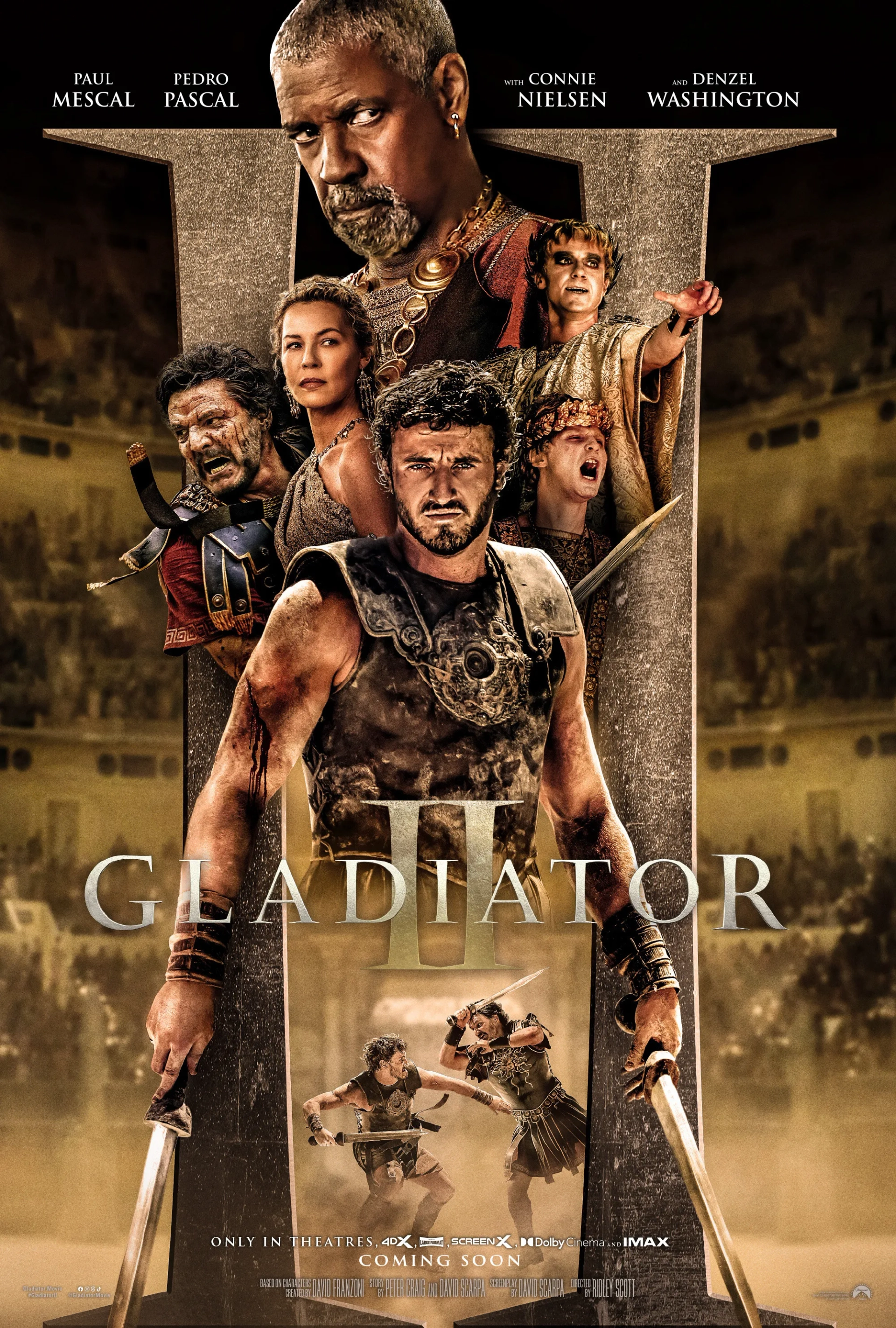 Denzel Washington, Connie Nielsen, Pedro Pascal, Joseph Quinn, Paul Mescal, and Fred Hechinger in Gladiator II (2024)