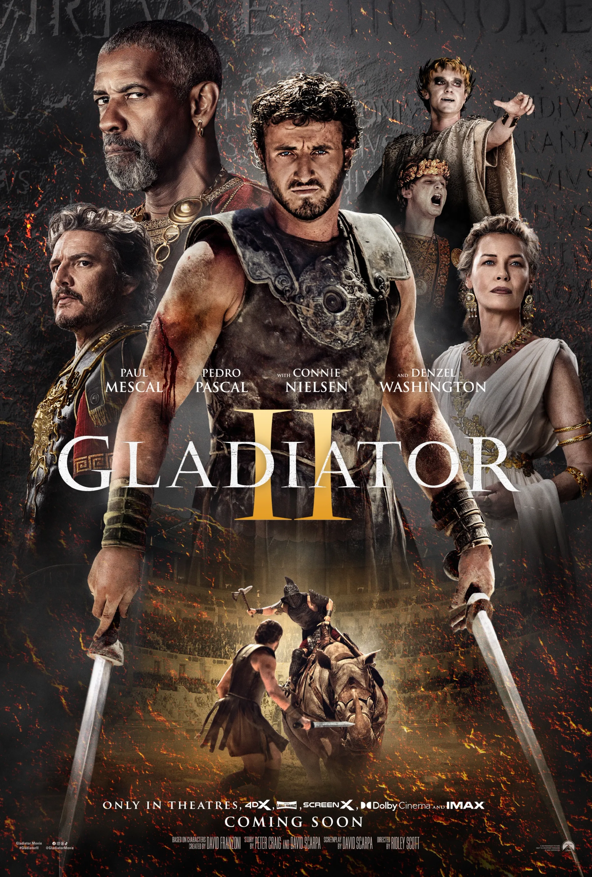 Denzel Washington, Connie Nielsen, Pedro Pascal, Joseph Quinn, Paul Mescal, and Fred Hechinger in Gladiator II (2024)