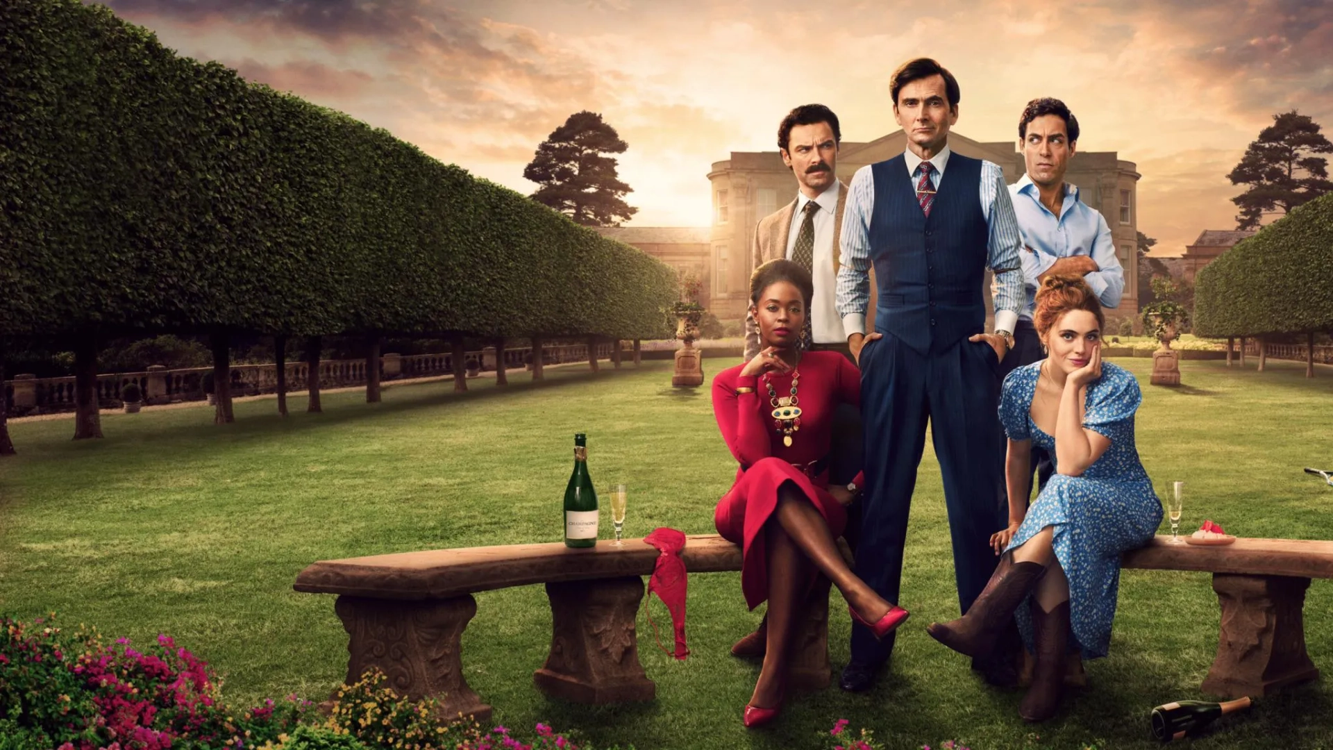 David Tennant, Alex Hassell, Aidan Turner, Nafessa Williams, and Bella Maclean in Rivals (2024)