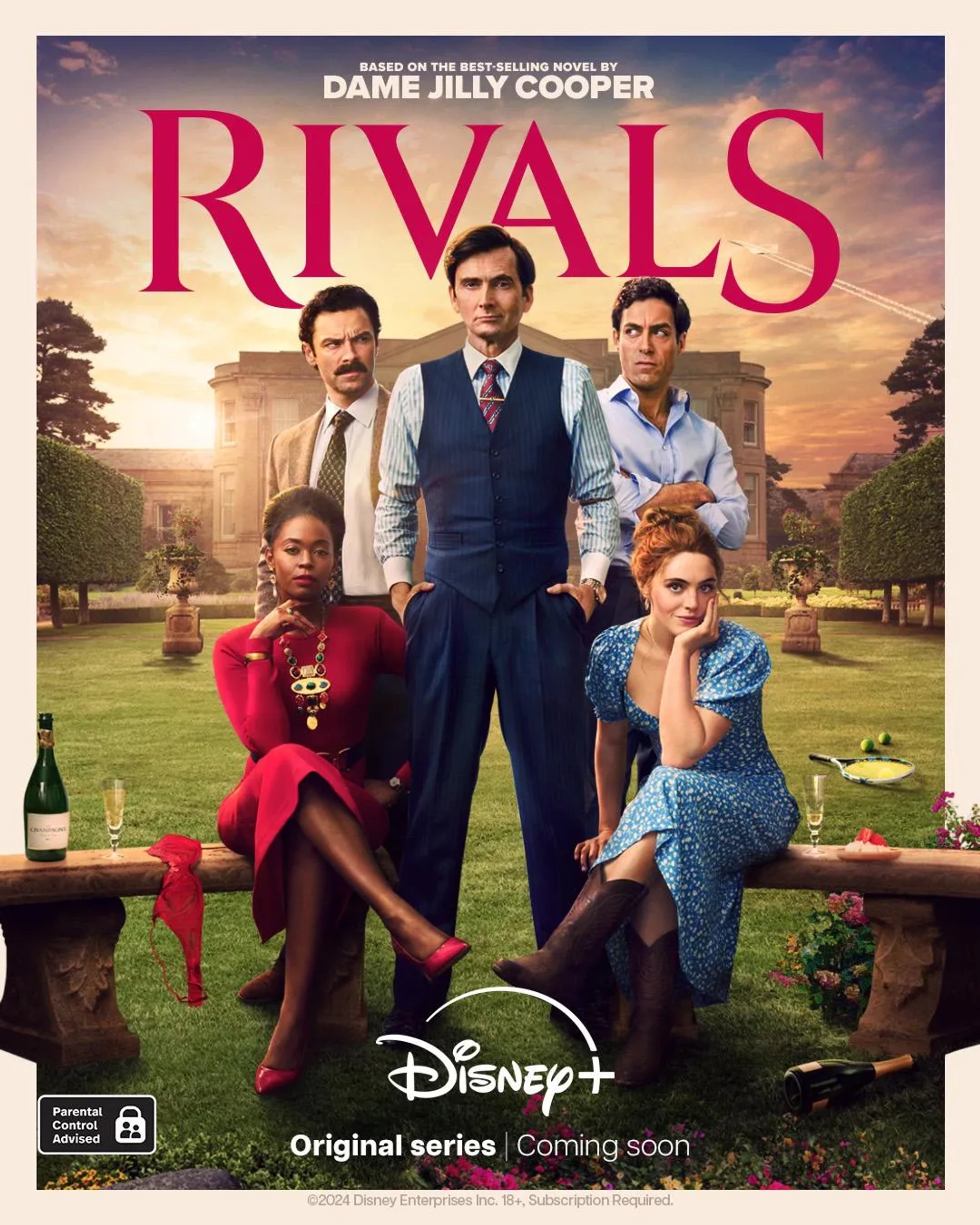 David Tennant, Alex Hassell, Aidan Turner, Emily Atack, Nafessa Williams, and Bella Maclean in Rivals (2024)